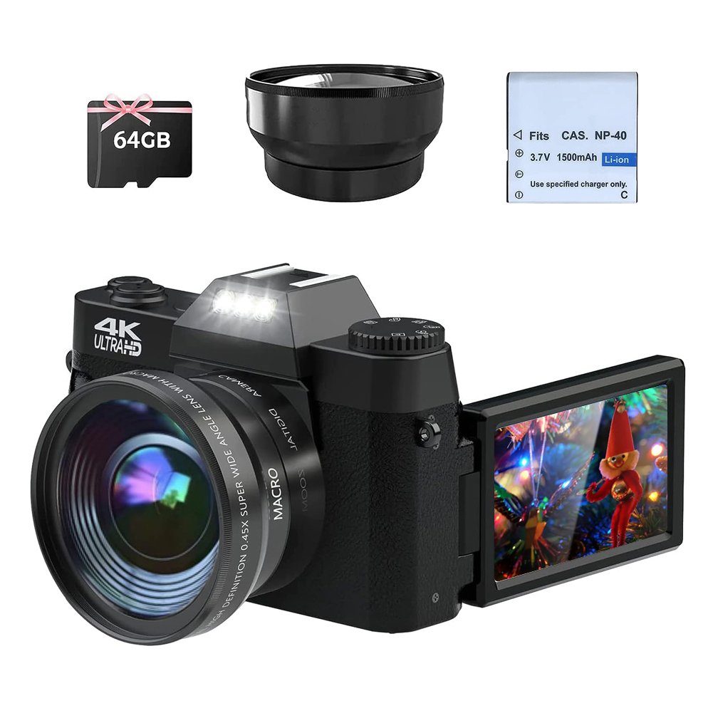 (48 Kompaktkamera Digitalkamera inkl. Flip-Screen) MP, 180 Ade (Wi-Fi), A 4K ° Zoll 16X 3.0 Systemkamera Grad 48MP WLAN Drehung Digitalzoom,