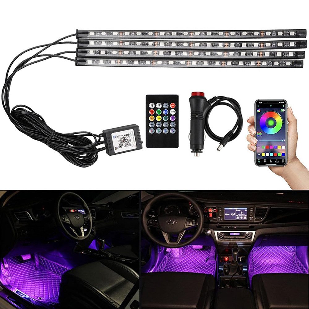 TUWENA LED Lichtleiste LED Innenbeleuchtung Auto, 4pcs 72 Strip Auto Ambientebeleuchtung, LED wechselbar, 12V Wasserdicht LED Strip mit Zigarettenanzünder, APP & Fernbedienung
