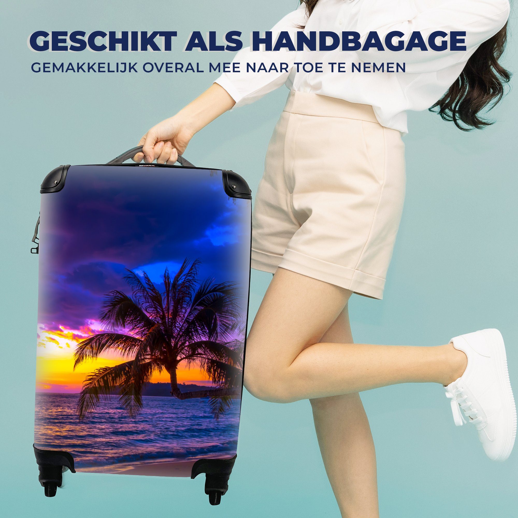 - Handgepäck Trolley, Rollen, Palme Lila Meer, Reisetasche MuchoWow Strand Handgepäckkoffer - Ferien, - rollen, für 4 - Reisekoffer mit Sonnenuntergang