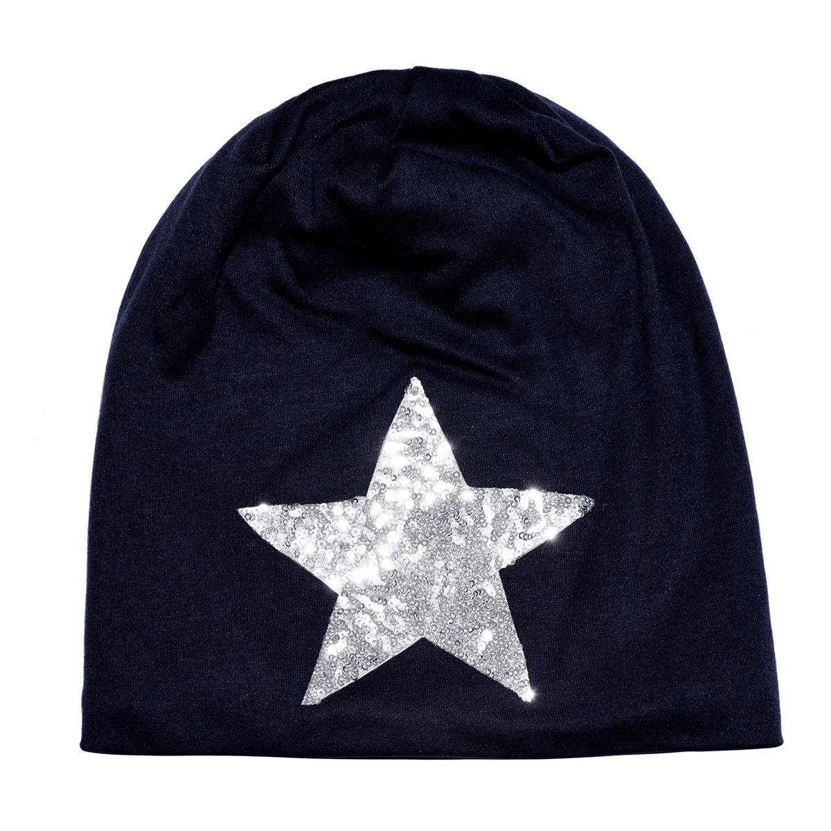 DonDon Beanie mit Strass- Slouch Print Beanie Wintermütze, großem dunkelblau 1-St) mit Damen Stern Sternenprint, oder mit Pailletten-, Teddyfleece (Packung