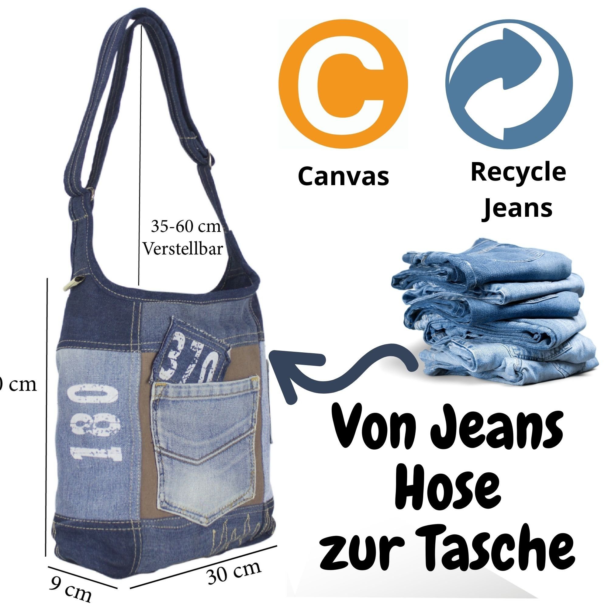 Damen Umhängetaschen Sunsa Umhängetasche Hobo Tasche. Umhängetasche aus recycelte Jeans und braune Canvas. Schultertasche für Si