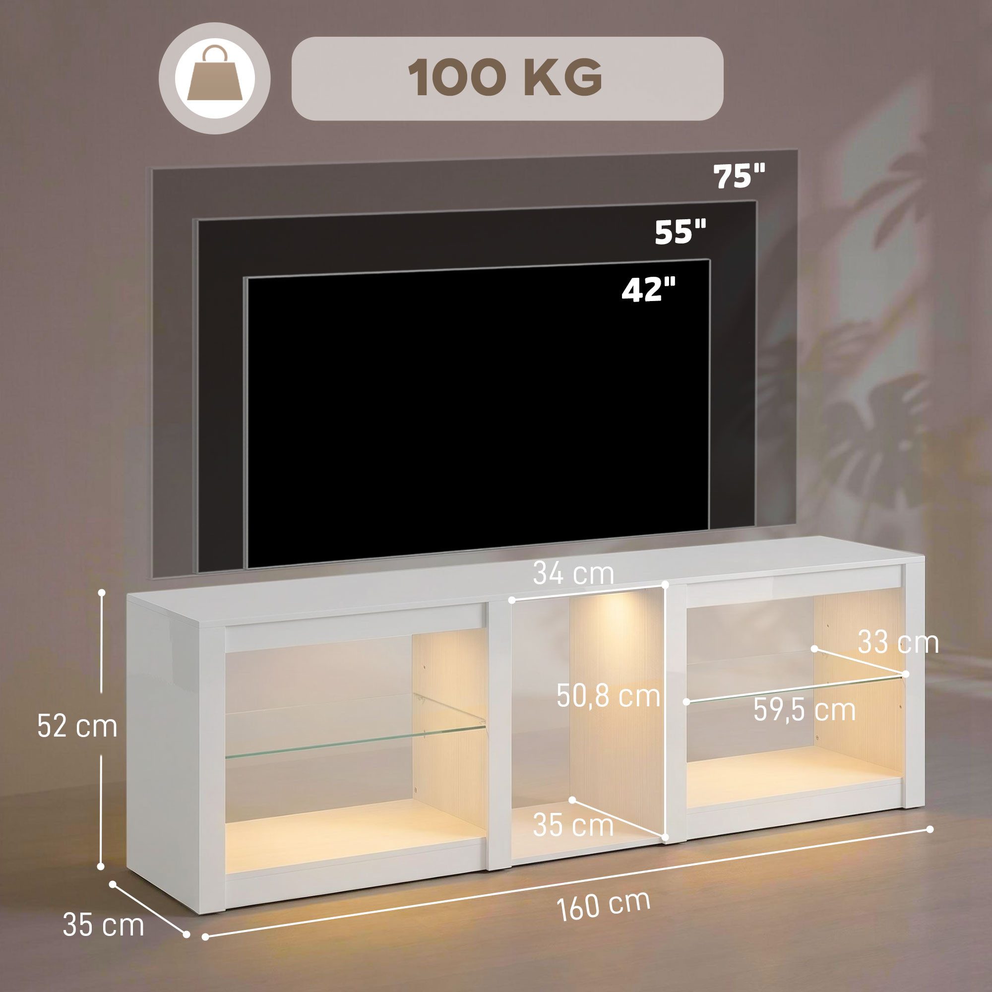 HOMCOM Lowboard Modernes Hochglanz-TV-Möbel (Set, 1 St., TV-Lowboard), Für Fernseher bis 75 Zoll, LED-Beleuchtung, modern