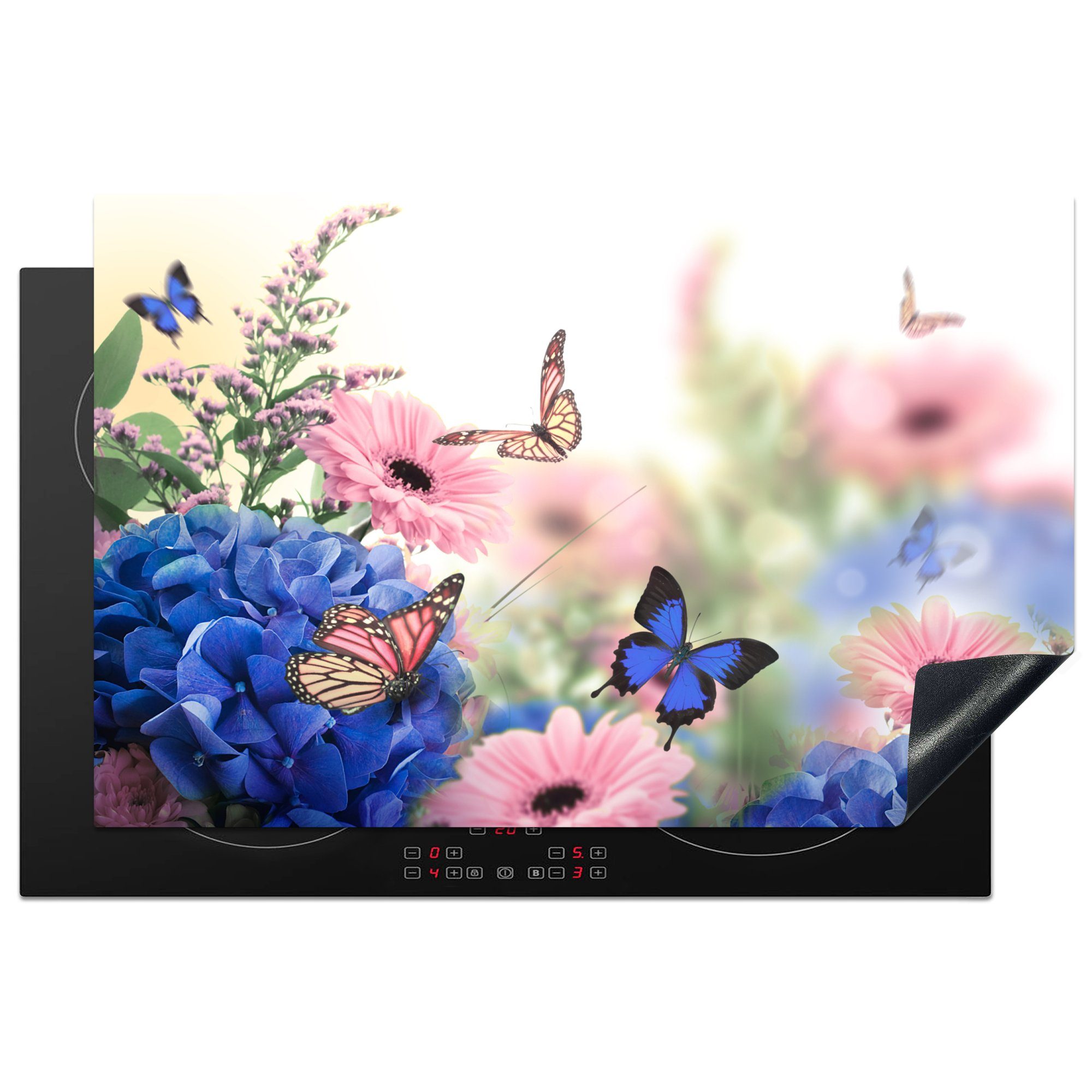 MuchoWow Herdblende-/Abdeckplatte Schmetterlinge - Blumen - Hortensien - Insekten, Vinyl, (1 tlg), 81x52 cm, Induktionskochfeld Schutz für die küche, Ceranfeldabdeckung