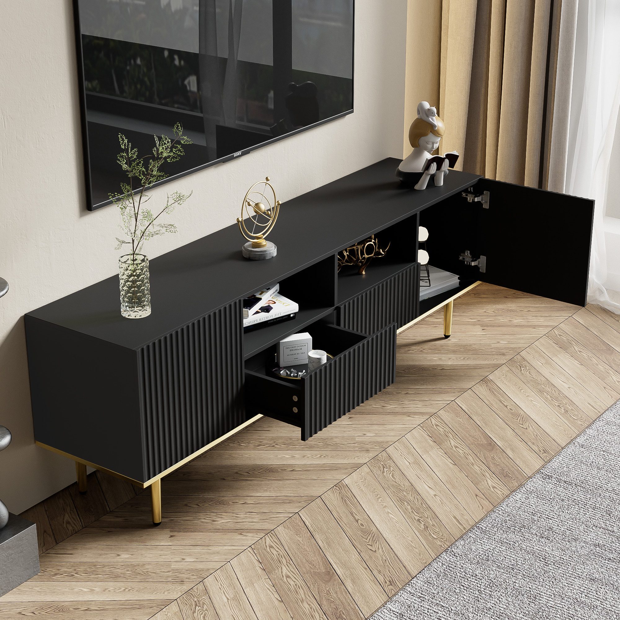 Merax Lowboard mit goldenen Metallfüße und Kabeldurchführung, TV-Schrank Scandi,TV-Board,Fernsehtisch,B:165cm