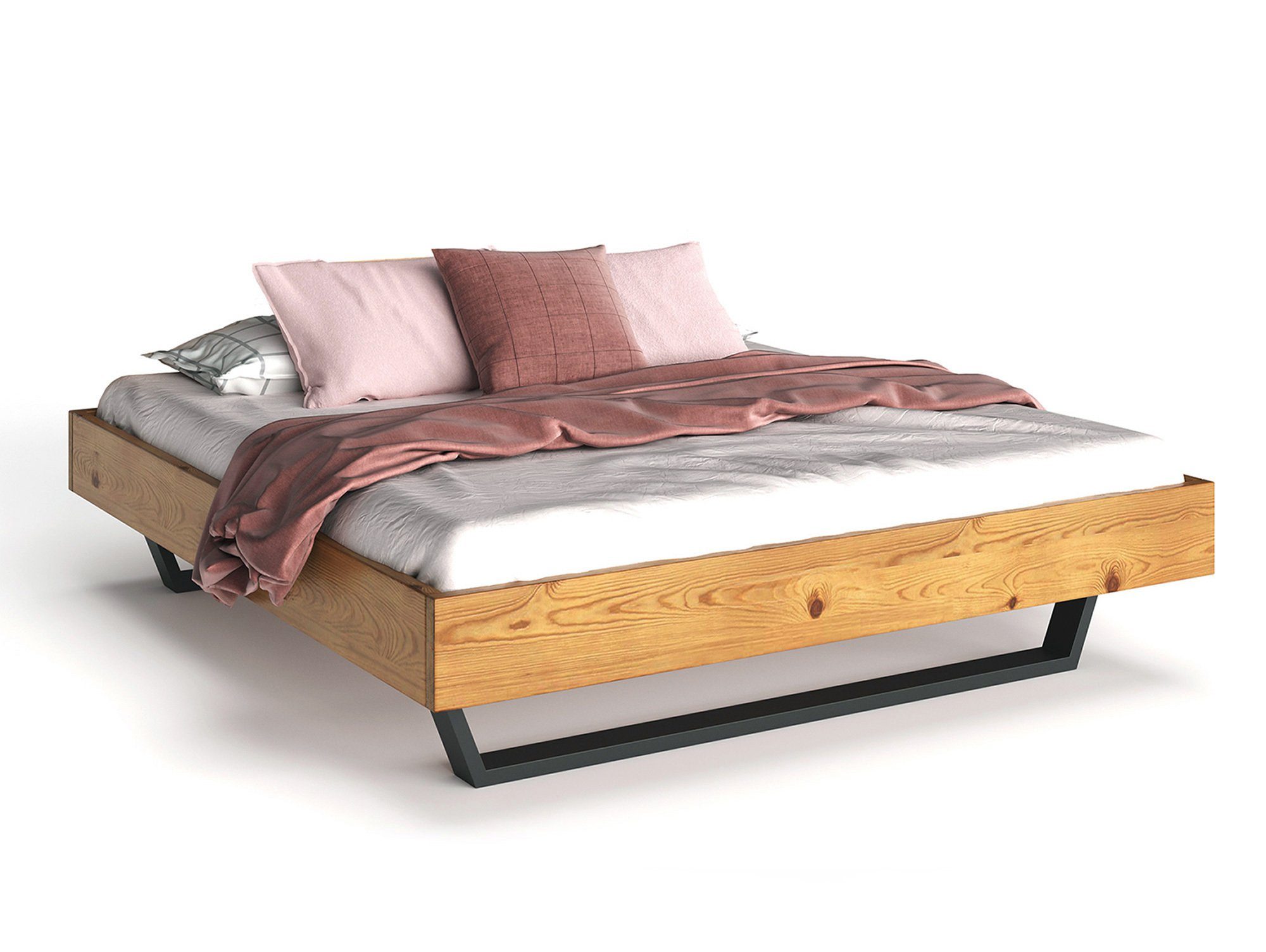 Moebel-Eins Massivholzbett, CURBY Kufenbett ohne Kopfteil, Material Massivholz, rustikale Altholzoptik, Fichte, Kufen schwarz. € 519,00