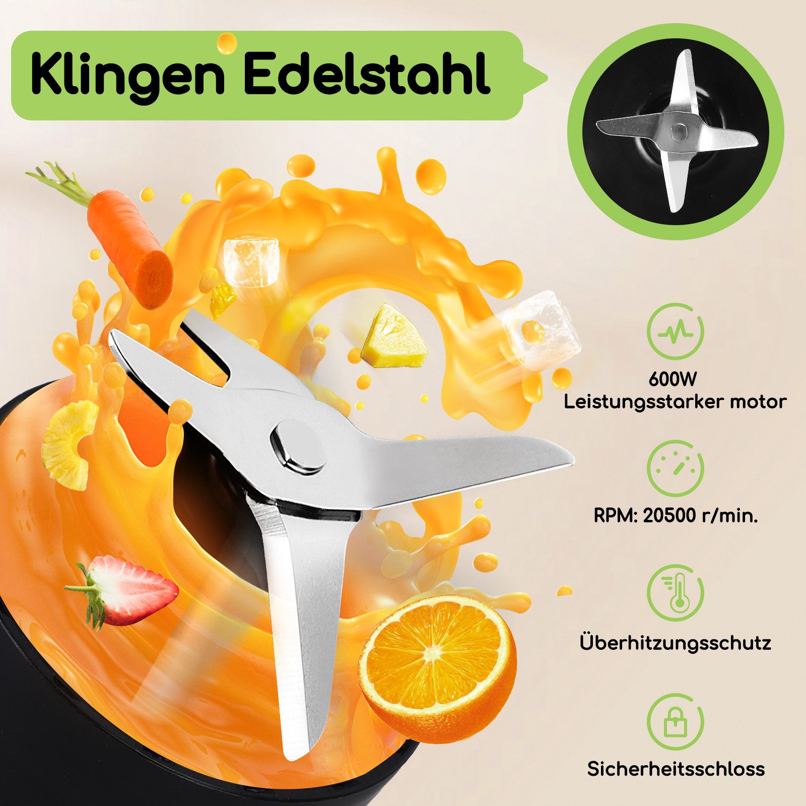 Aigostar Smoothie-Maker Mini Standmixer, 600W, Ice-Crush-Funktion, 2 x 800ml Becher, BPA-frei, 600 W, 2 Geschwindigkeitsstufen + Impulsfunktion, Tritan-Kunststoff Flasche