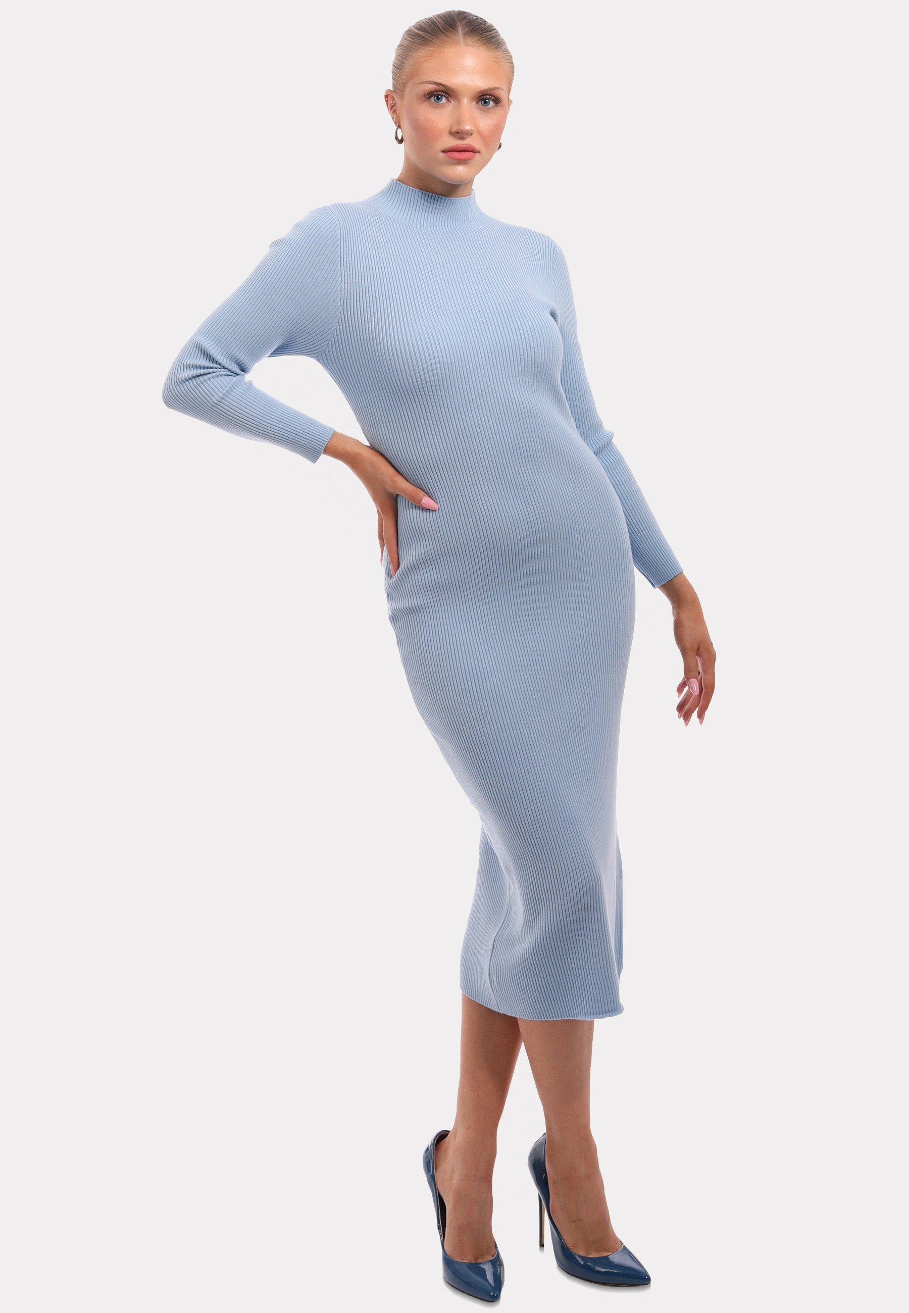 DRESS mit Fashion & (1-tlg) KNIT blau Strickkleid Unifarbe Style Strickkleid YC in Stehkragen