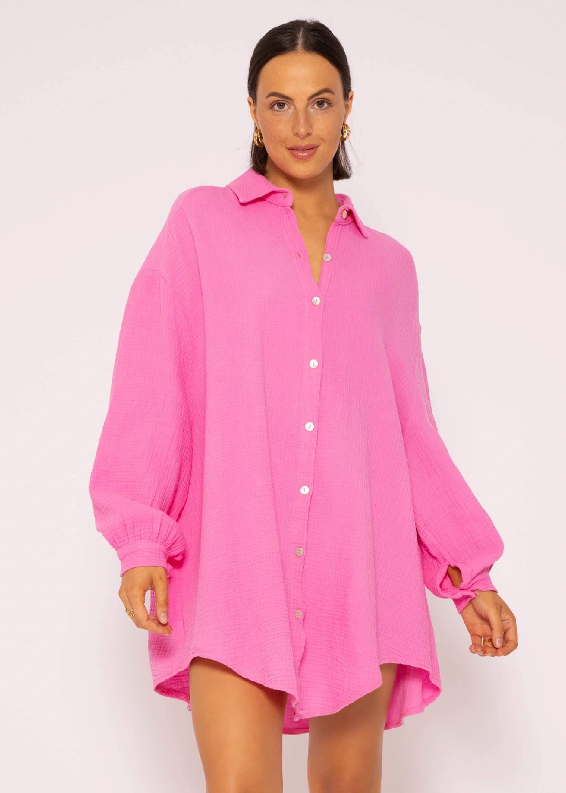 SASSYCLASSY Longbluse Oversize Musselin Bluse Damen Langarm Hemdbluse lang aus Baumwolle mit V-Ausschnitt, One Size (Gr. 36-48) Pink