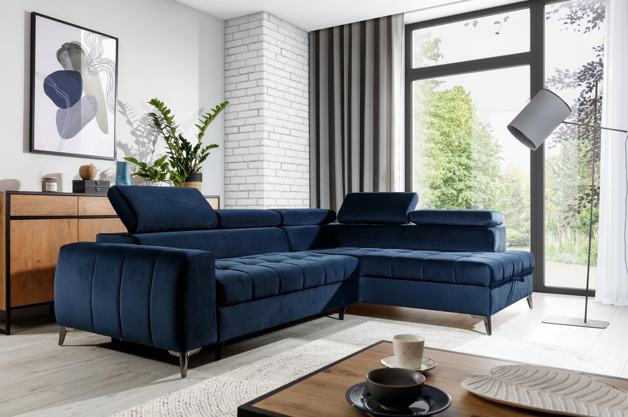 Furnix Ecksofa TOULOUS Sofa mit Schlaffunktion Automat DL Auswahl, hochwertige Verarbeitung Maße: B275 x H95 x B200 cm Dunkelblau