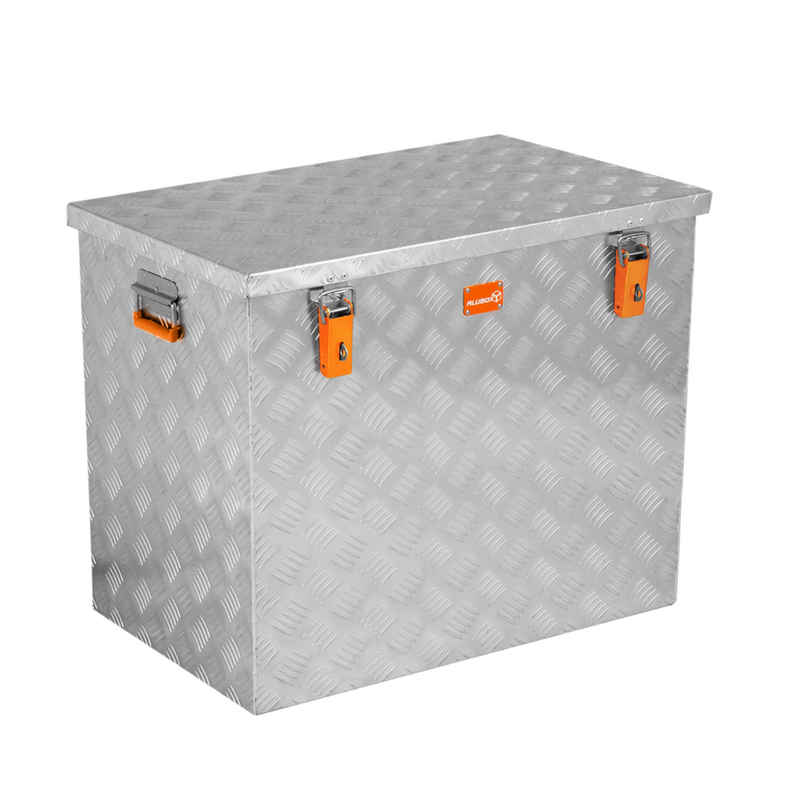 ALUBOX Aufbewahrungsbox aus Aluminiumriffelblech massiv Transportkiste (234 Liter), Fangbänder & Gasdruckheber im Deckel