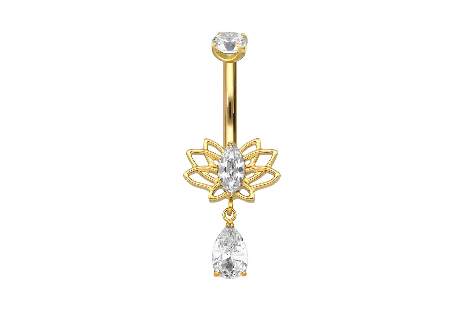 Bauchnabelpiercing Titan Bananabell mit Innengewinde LOTUSBLÜTE + KRISTALLTROPFEN