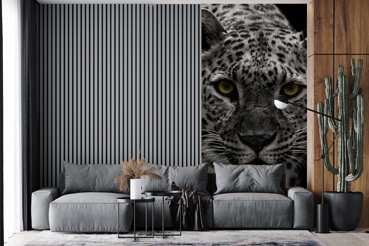 Fototapete Schwarz-Weiß-Foto MuchoWow Matt, Vliestapete farbigen Fototapete bedruckt, Schlafzimmer für (2 St), Küche, Wohnzimmer eines Leoparden,