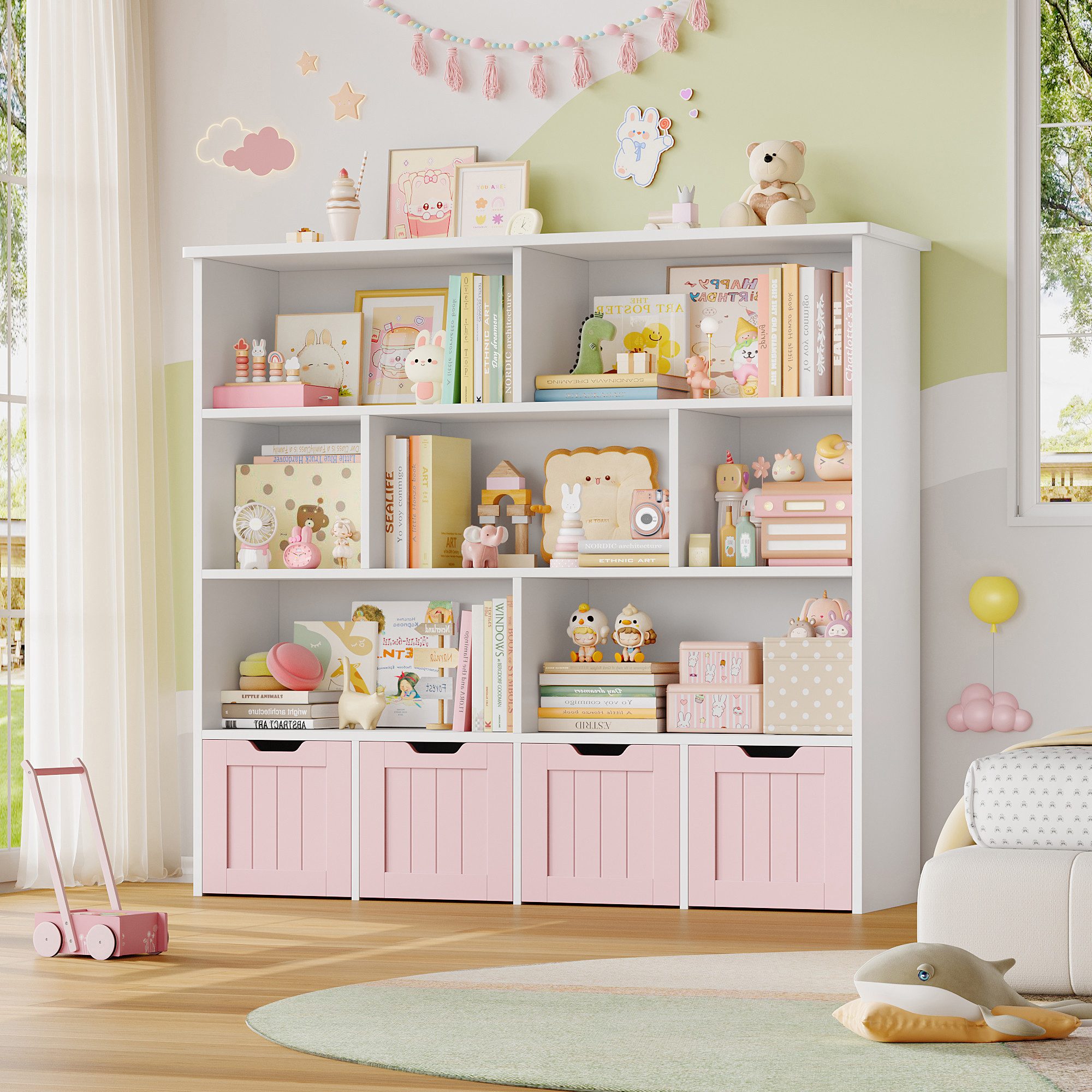 Homfa Kinderregal mit 4 Spielzeugkisten auf Rollen, Spielzeugregal mit 7 of günstig online kaufen