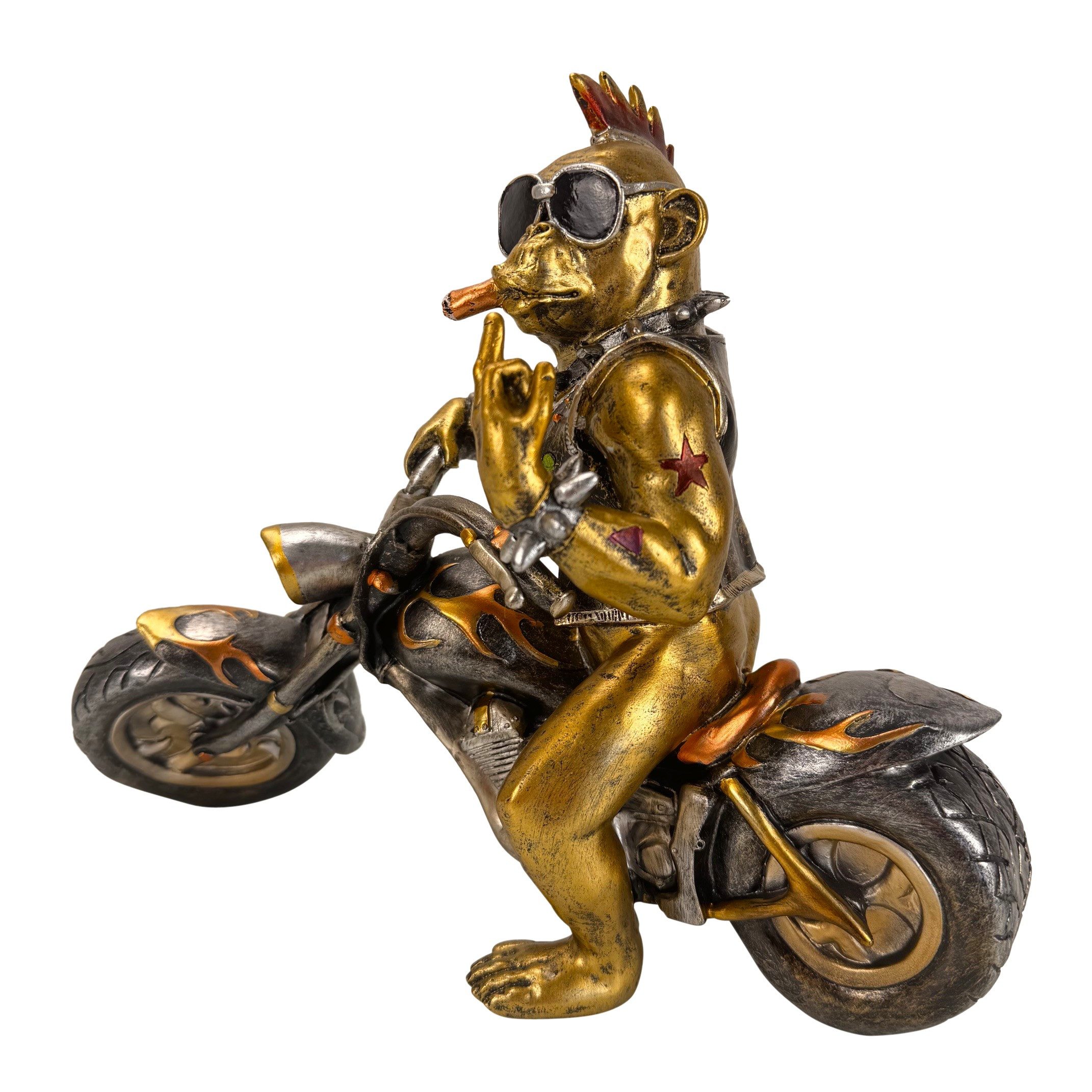 Online-Fuchs Dekofigur rockiger Affe auf dem Motorrad - Deko für Garten & Wohnzimmer (cooles Design in Gold, Silber und Kupfer, Geschenkidee für Motorrad-Fans), aus langlebigem Kunstharz gefertigt, wetterfest - 33 cm groß