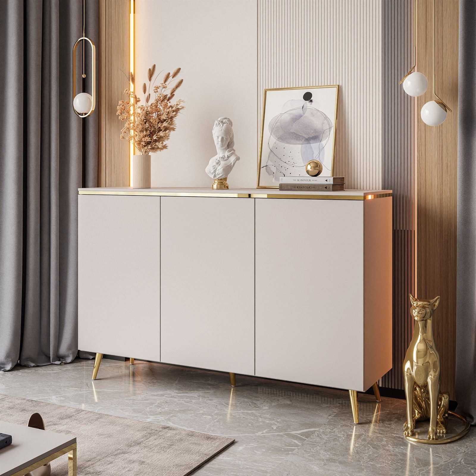 Kommode LAURA 140 cm Breite KASCHMIR Sideboard Dreitürige Kommode GOLD