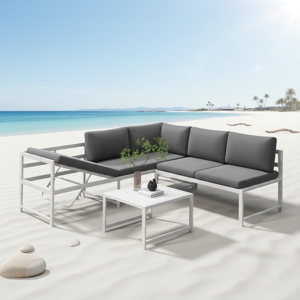 Melko Gartenlounge-Set Ecksofa Liegefunktion Aluminium Sitzgruppe wetterfest Ecklounge Weiß, (Set, 3-tlg., 2 Sofa, 1 Tisch, 11 Auflagen), Liegefunktion durch verstellbare Rückenlehne
