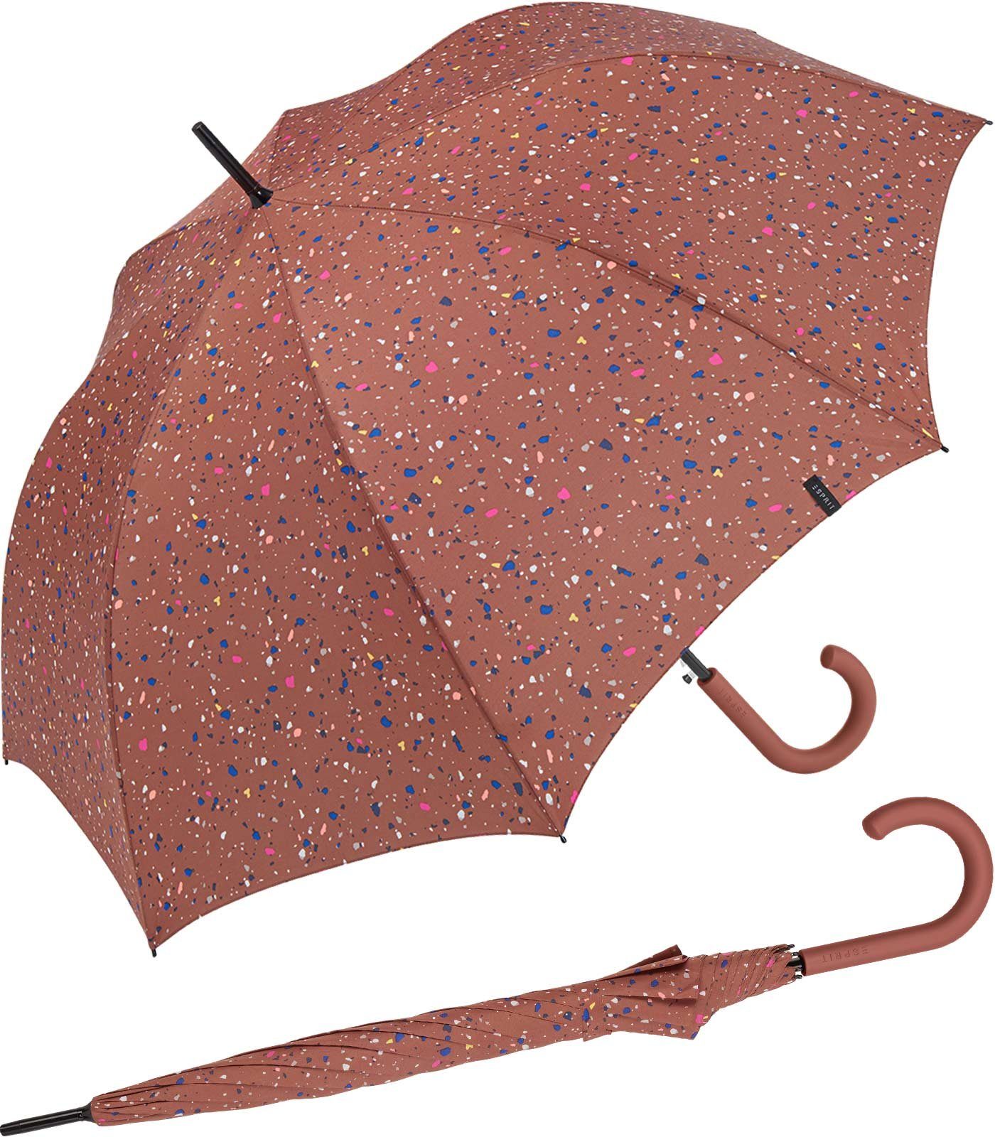 Esprit Langregenschirm Damen Auf-Automatik - Terrazzo Dots - terra, groß, stabil, mit verspieltem Sternenmuster