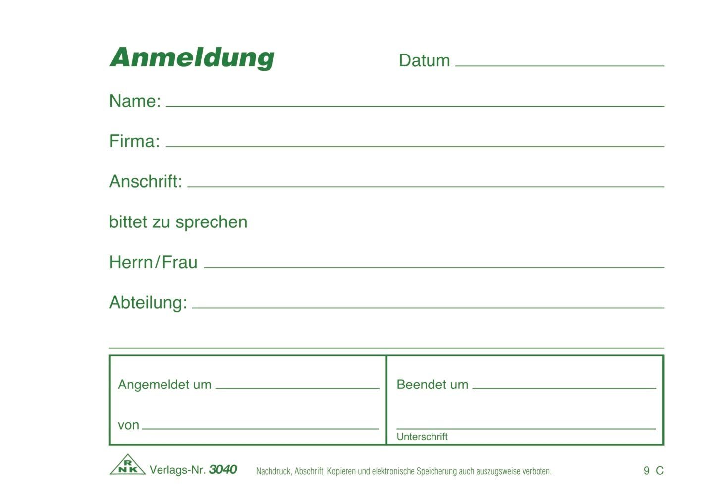Formularblock RNK Verlag 3040 Besucher-Anmeldung - Block, 50 Blatt, DIN A6 quer