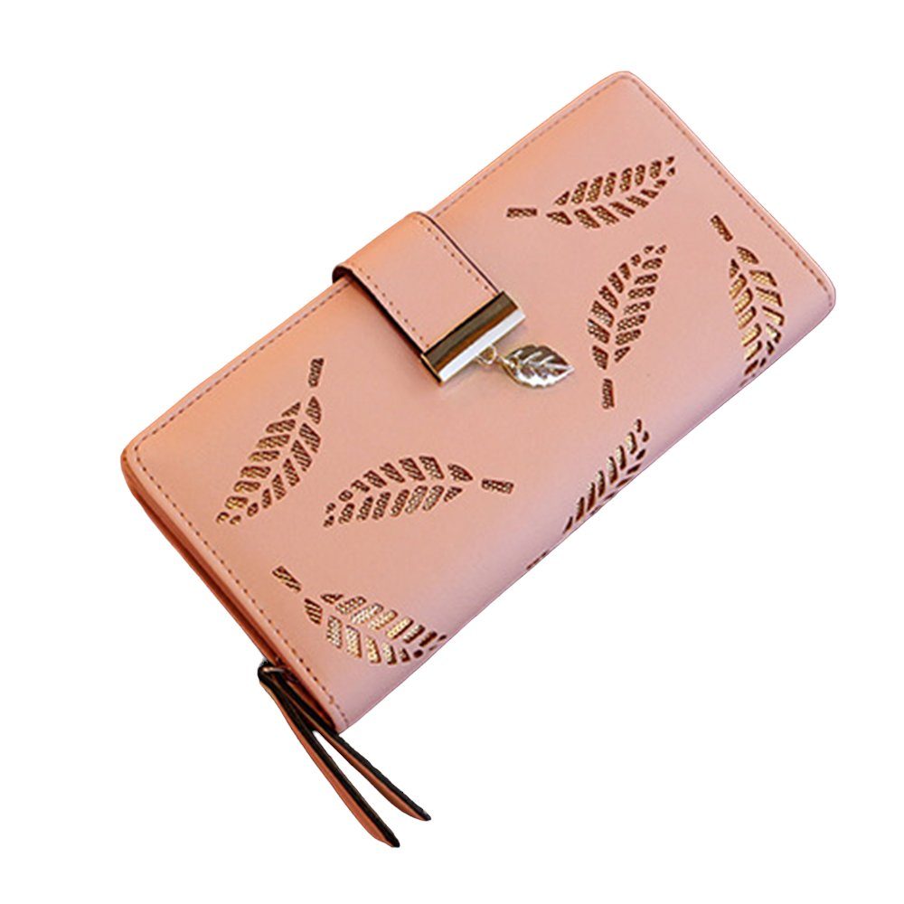 VIVIHEYDAY Brieftasche mit Knopf-Clutch hohlem Handtasche), Damen Bifold-Leder, Blattmuster, für Reißverschluss, (lange Rosa Geldbörse