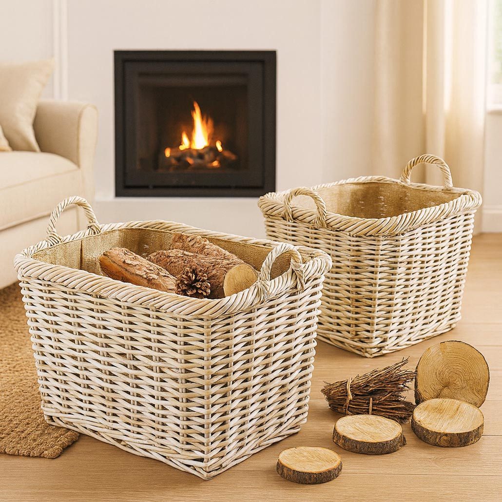 Kobolo Kaminholzkorb Holzkorb aus Rattan in grau im 2er Set
