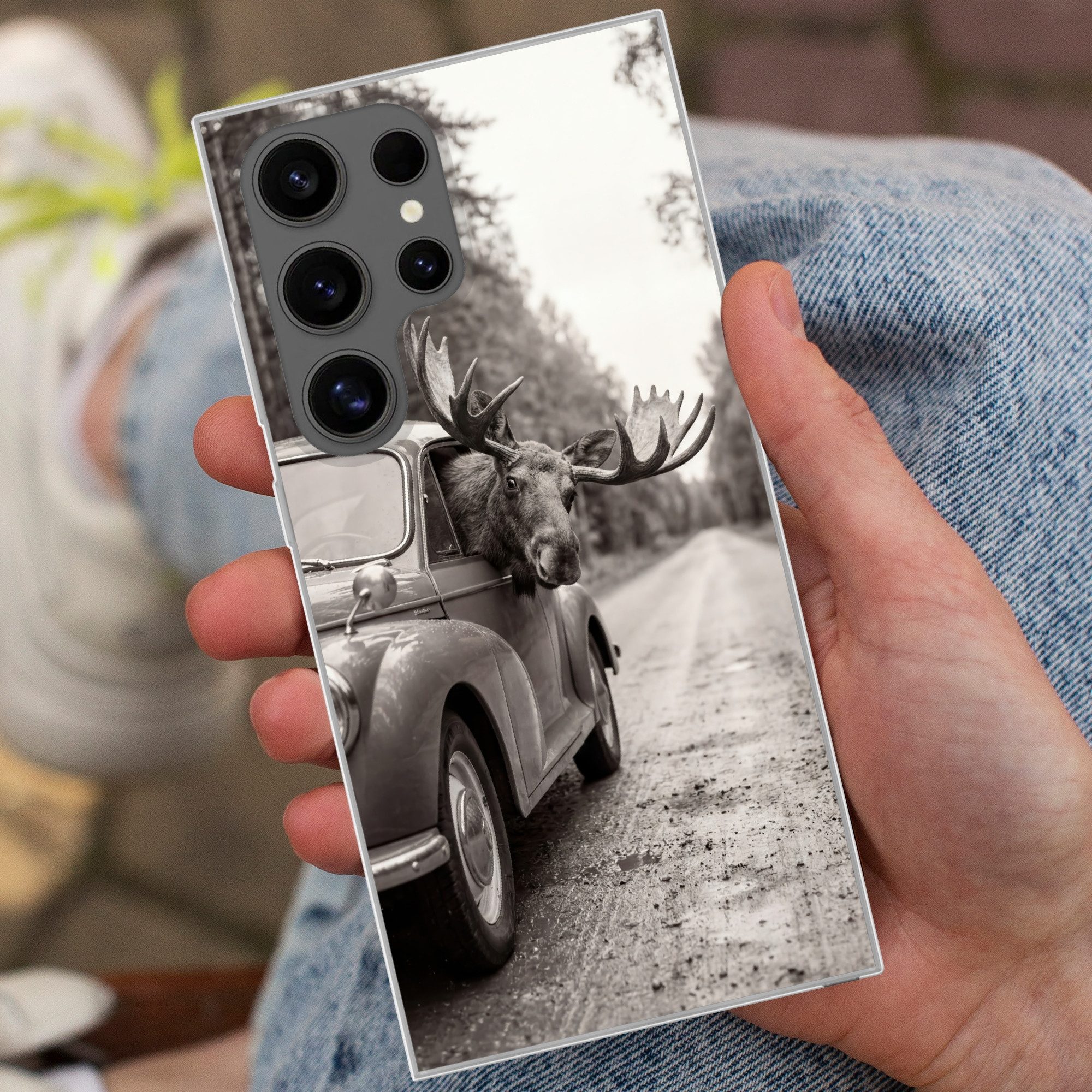 MuchoWow Handyhülle für Samsung Galaxy S24 Ultra Elch - Auto - Geweih - Schwarz - Weiß, Phone Case, Silikon, Schutzhülle Dünn