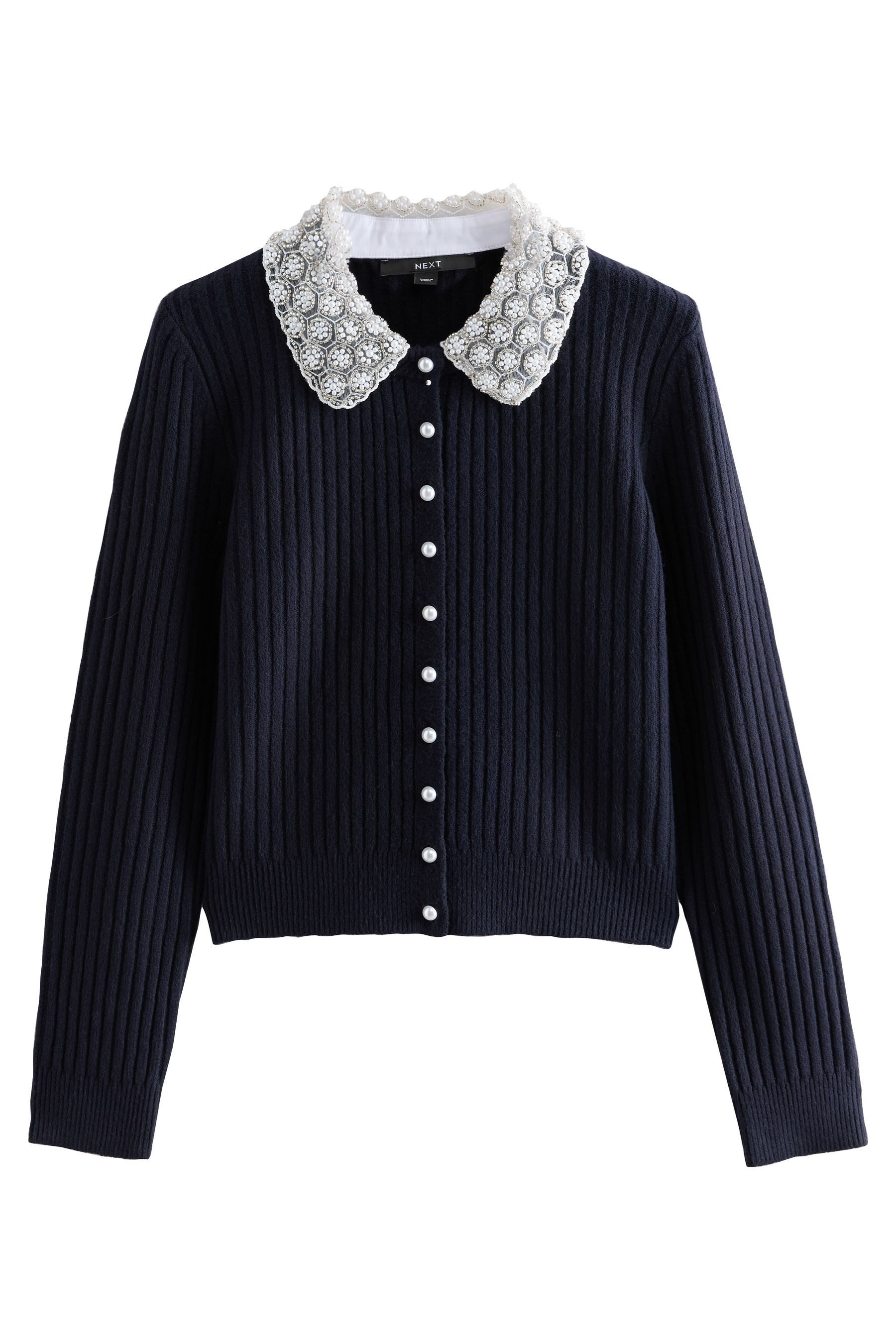 Next Strickjacke Gerippte Strickjacke mit Wollanteil + Perlenkragen (1-tlg) günstig online kaufen