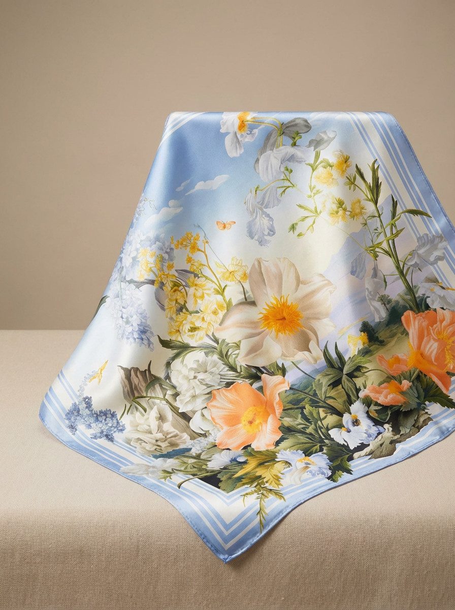 Kleelein Seidentuch Seidentuch Elegantes Modernes Blumenmuster Exklusives Damen, leicht, atmungsaktiv, hochwertig, weich, pflegeleicht, atmungsaktiv