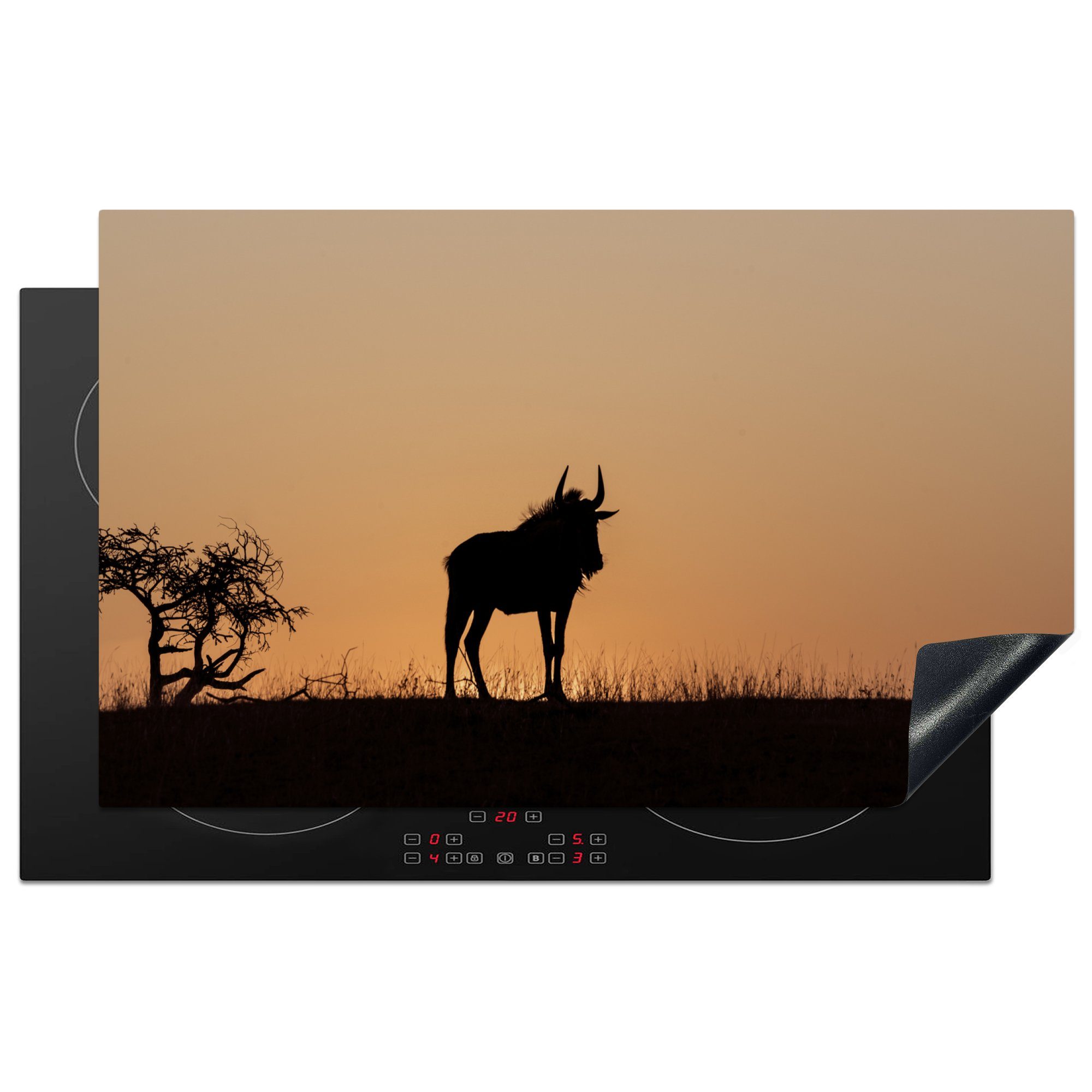 MuchoWow Herdblende-/Abdeckplatte Silhouette eines Gnus bei Sonnenuntergang, Vinyl, (1 tlg), 83x51 cm, Ceranfeldabdeckung, Arbeitsplatte für küche