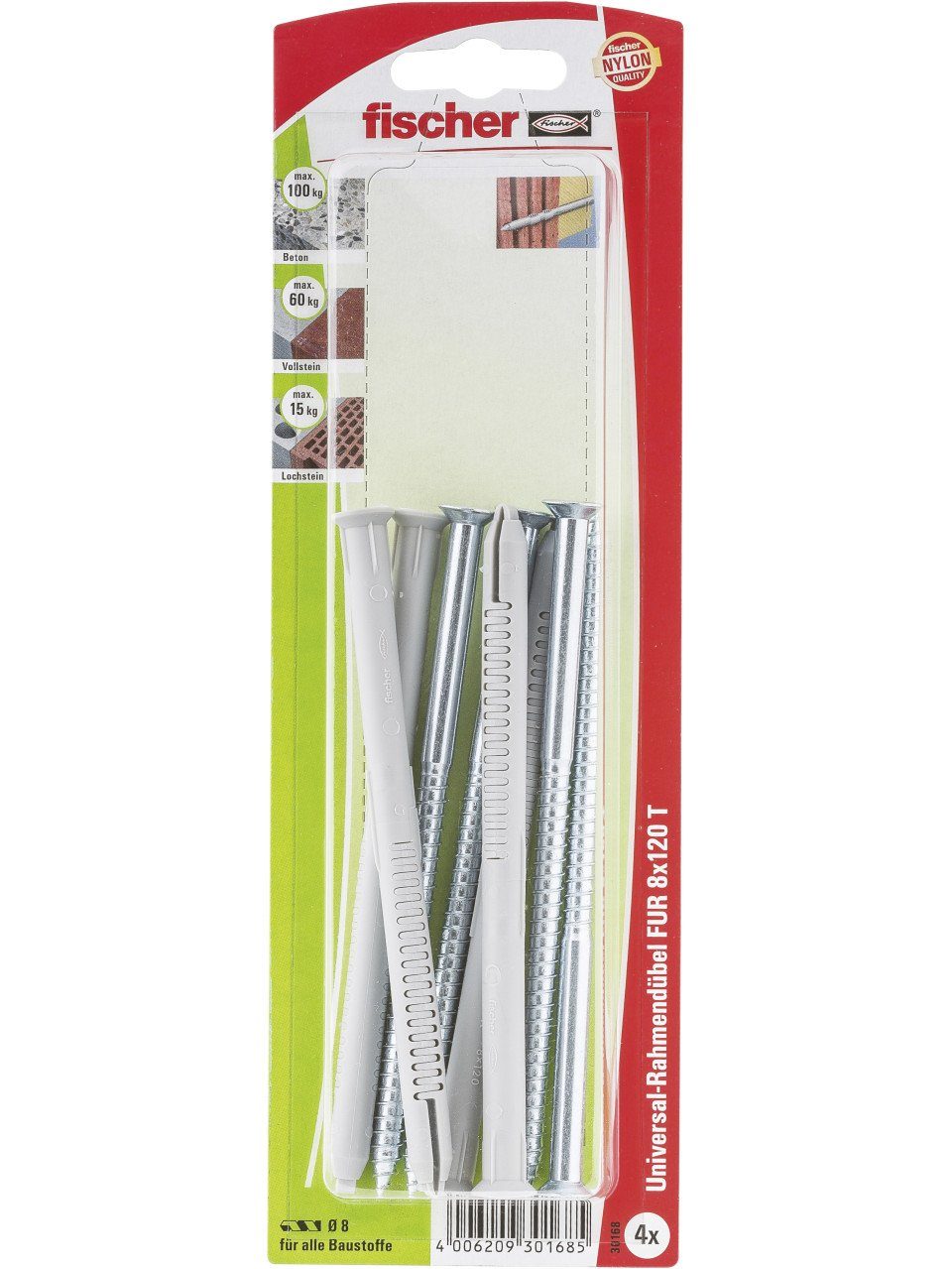 Schrauben- und Dübel-Set Fischer Rahmendübel 8.0 x 120 mm - 4 Stück