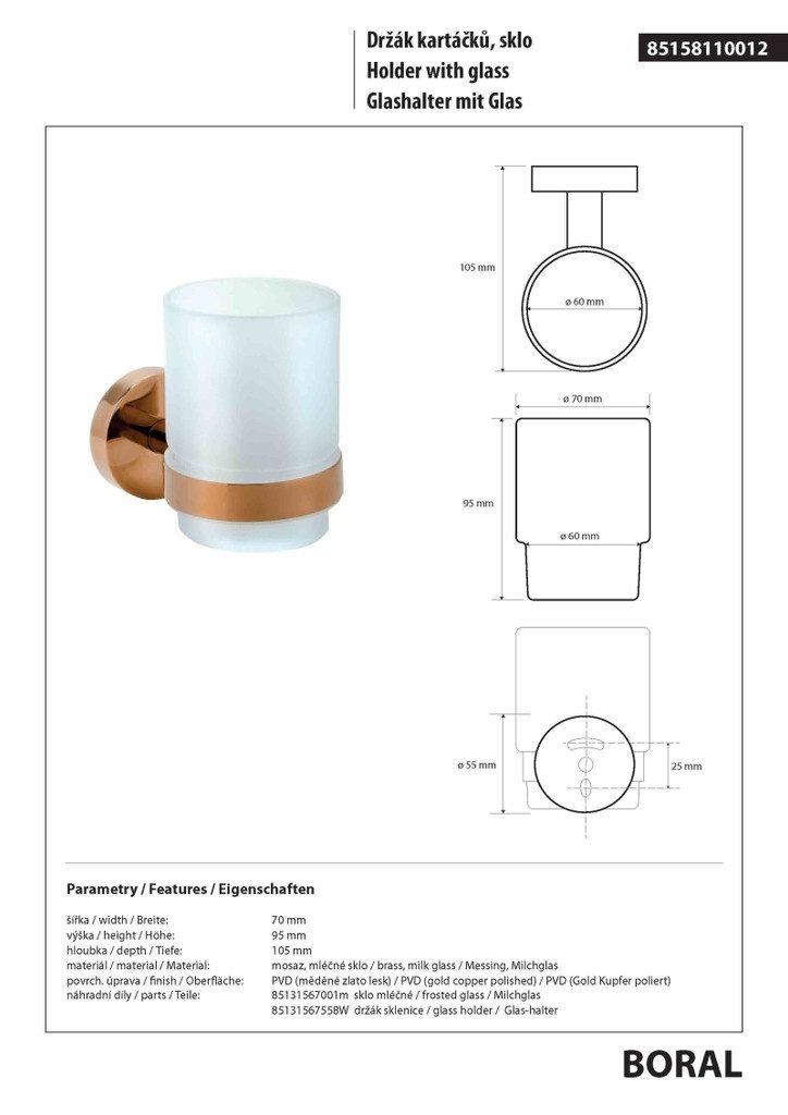 BRILLANTBAD® Zahnbürstenhalter BORAL Glashalter Gold Kupfer poliert Bad & Küche >> Bohren / Kleben