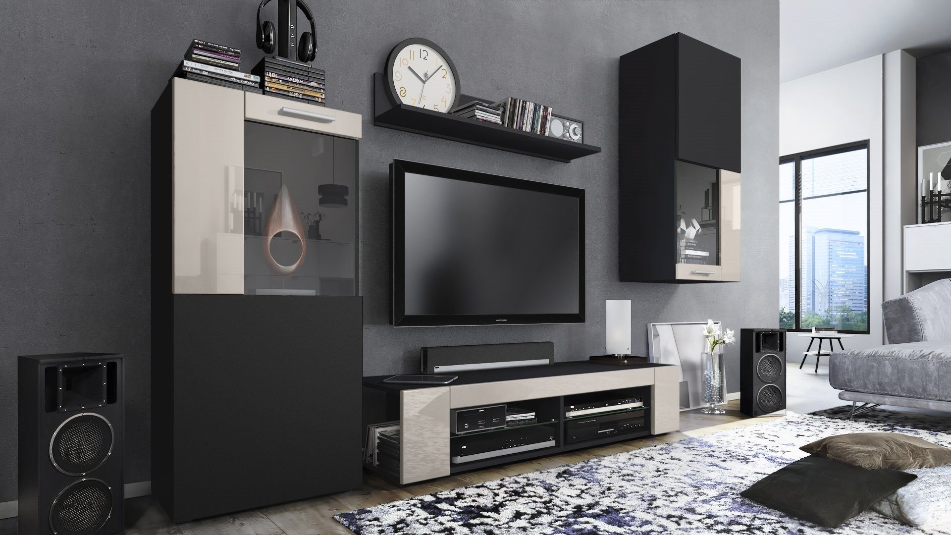 Vladon Wohnwand Movie, aus Absetzungen bestehend Regal), Hochglanz 300x190x39 cm) in Schwarz (Anbauwand, 5-St., und matt/Sandgrau Vitrinen TV-Board, (Gesamt: Hochglanz matt/Schwarz 1 1 Sandgrau 2