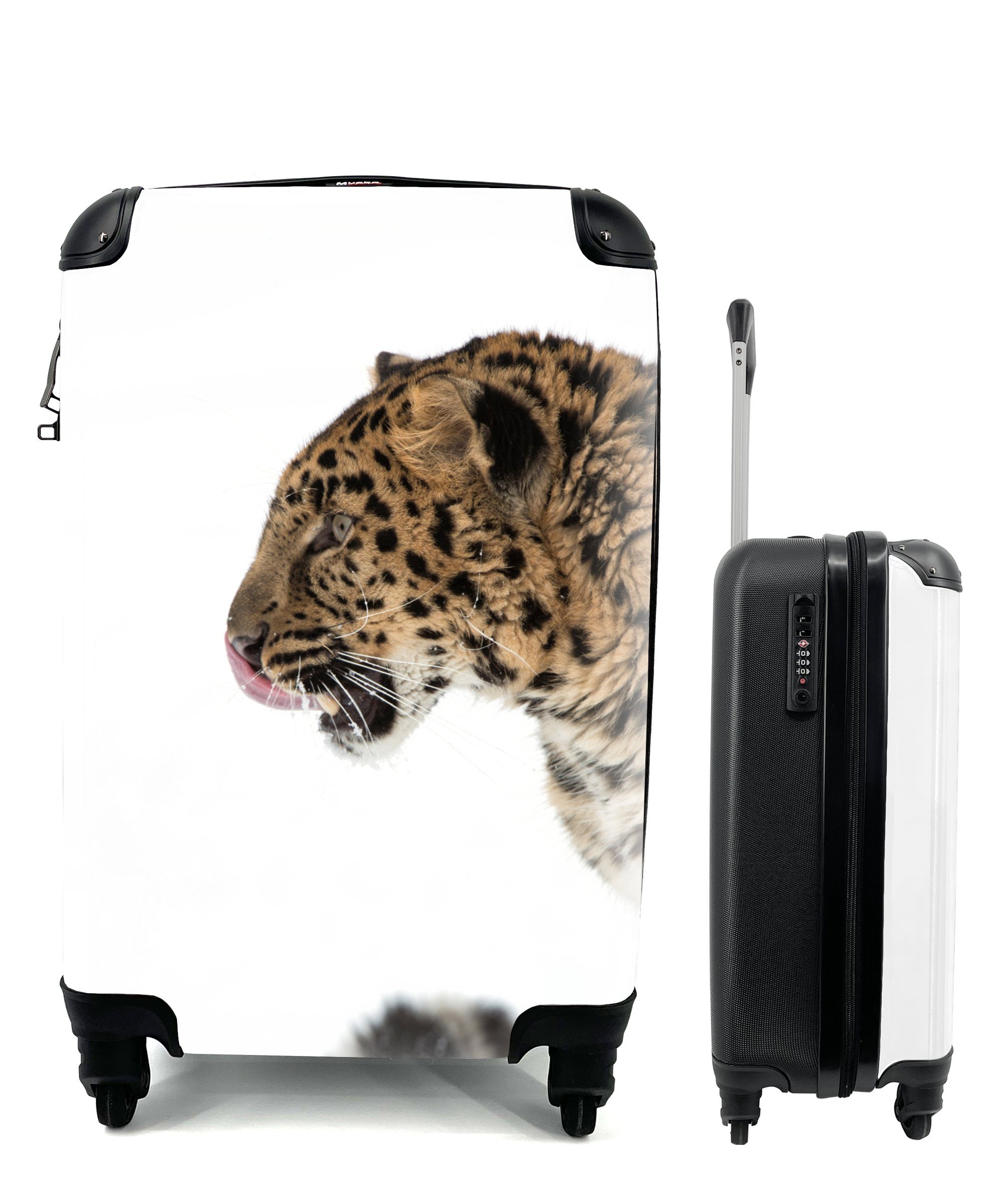 rollen, Ferien, MuchoWow Handgepäckkoffer Schnee Trolley, 4 Reisetasche - für Handgepäck Kopf, Rollen, Reisekoffer mit - Leopard
