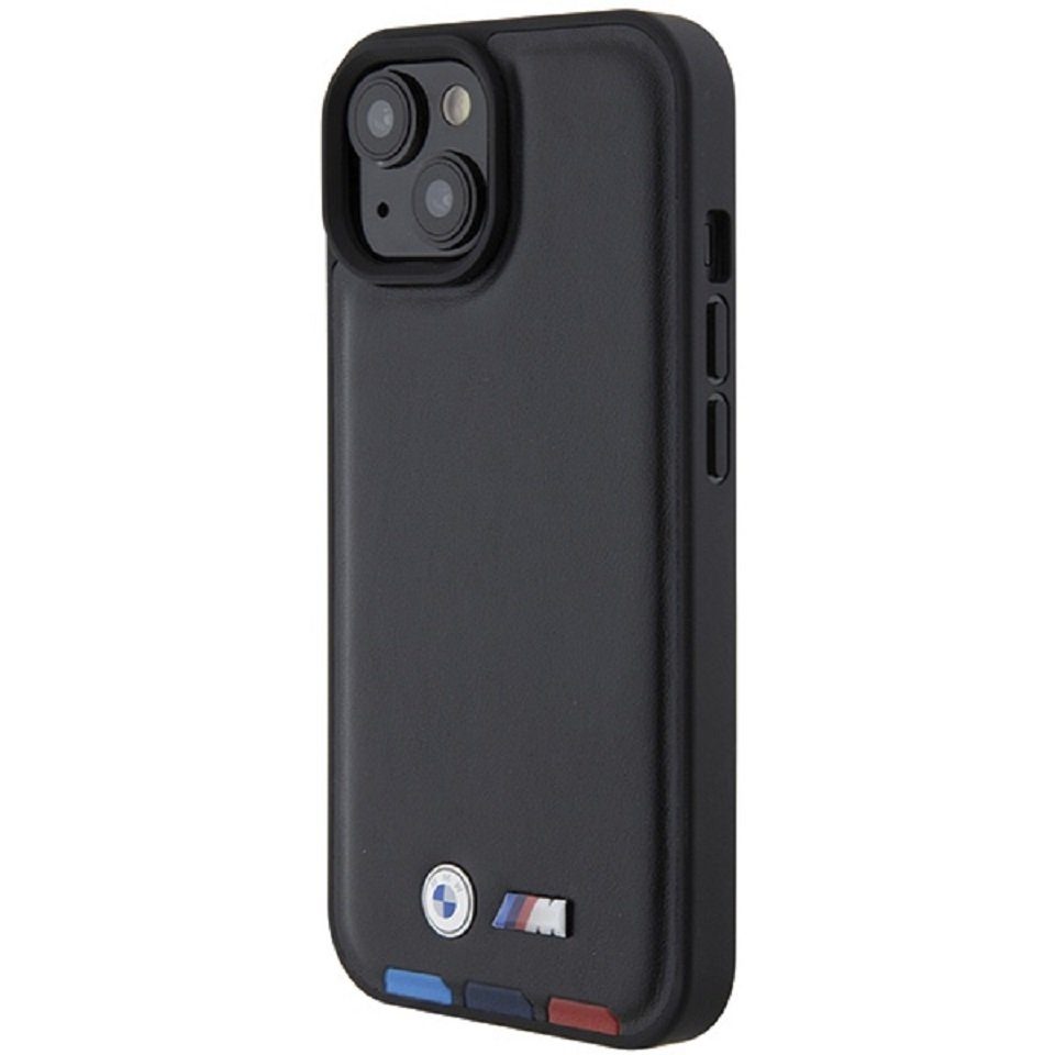 BMW Handyhülle Case iPhone 15 Kunstleder schwarz BMW Metall Logo 6,1 Zoll, Kantenschutz