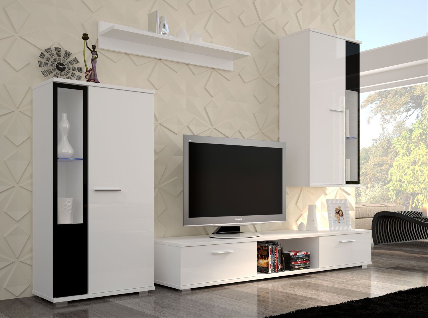 Feldmann-Wohnen Wohnwand Leon, (mit Türen, offene Fächer, mit Beleuchtung, moderne Optik, 4-teilig), 235cm weiß schwarz Hochglanz 4-teilig