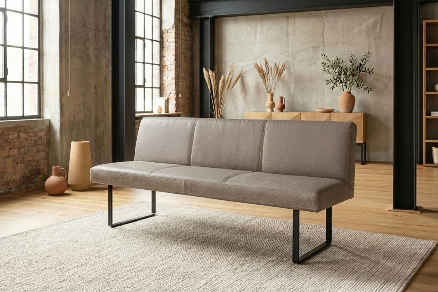 KAWOLA Sitzbank ELEEN Esszimmerbank Leder pigmentiert – modernes Design, 223 cm Breite, hoher Sitzkomfort, Metallgestell schwarz