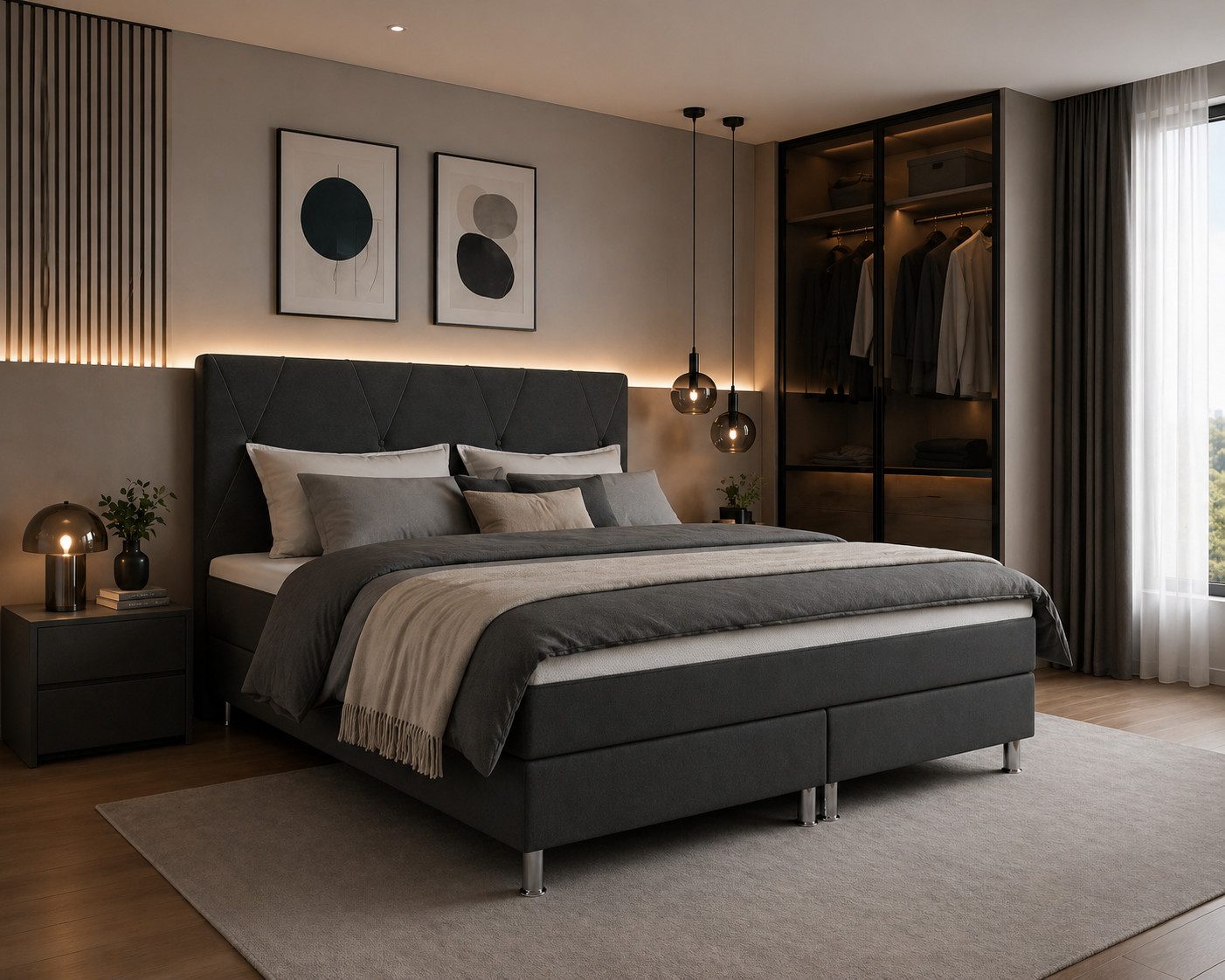 inter Boxspringbett BS Plus mit integriertem Topper 180x200 Webstoff (Kompletbett, Komplettbett Bett 180x200 cm Schlafbett Hotelbett), Sofort Lieferbar