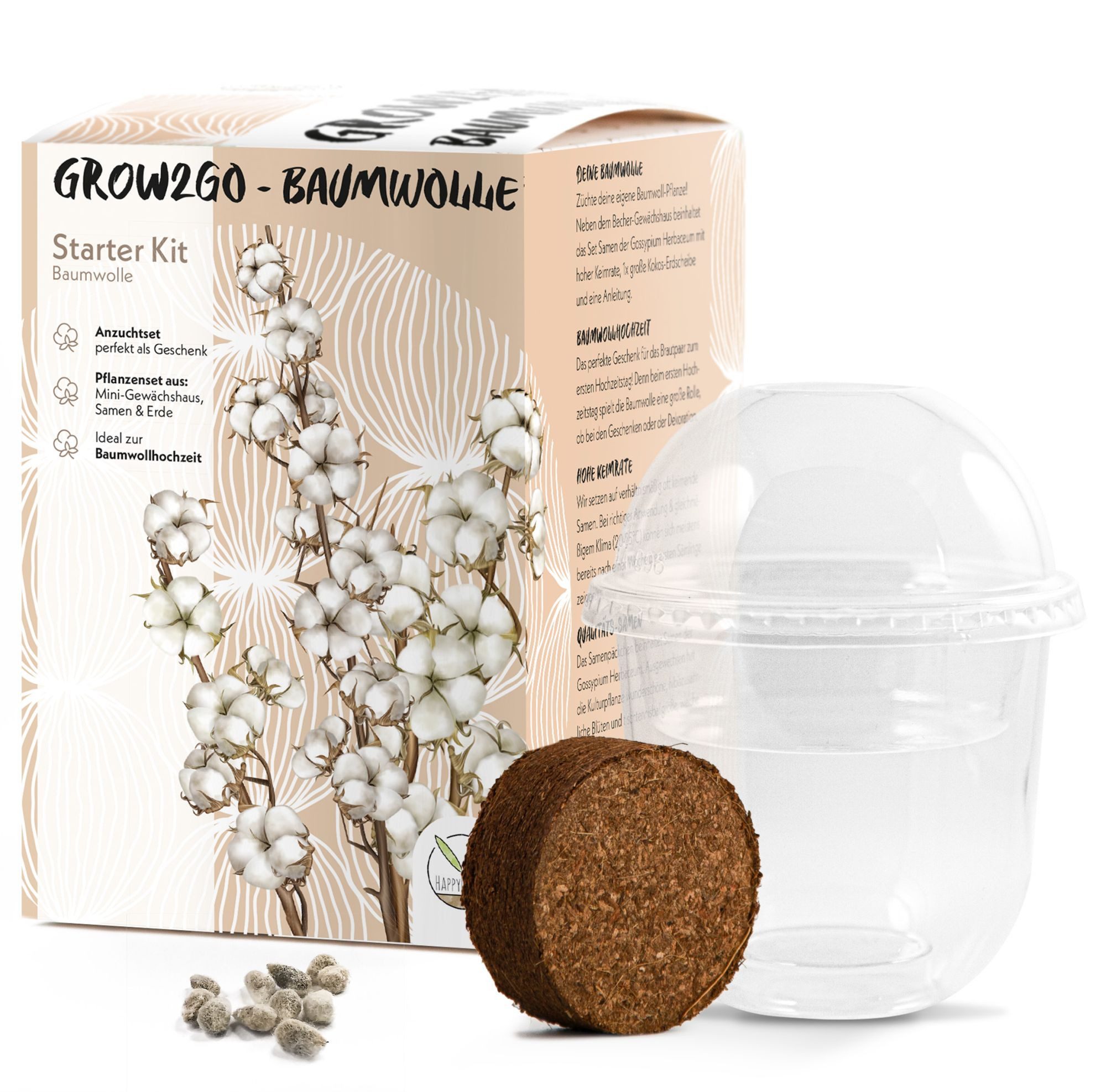 HappySeed Blumensamen Baumwoll-Pflanzset ideal zur Baumwollhochzeit - Gewächshaus & Samen, Pflanze