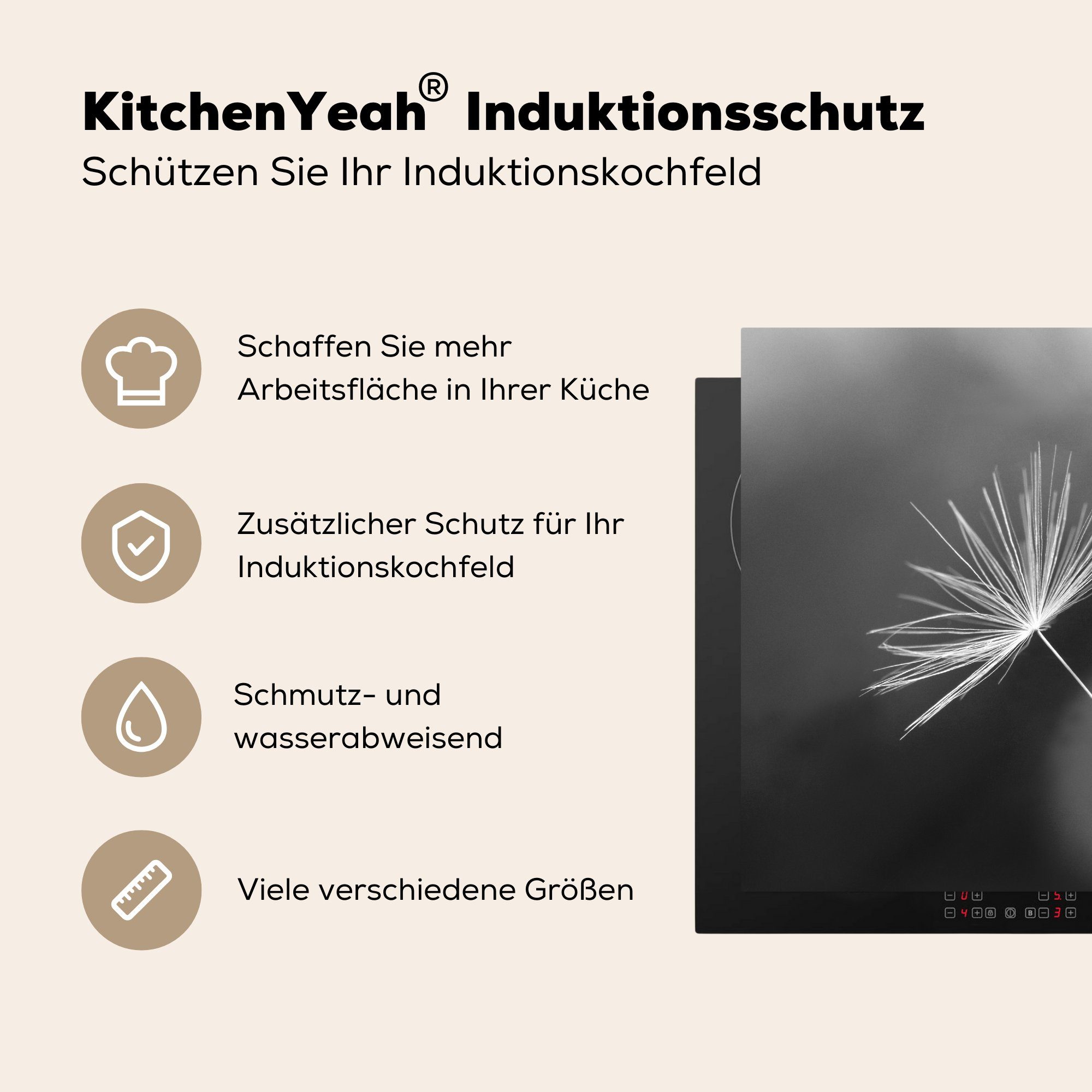 in Vinyl, Ceranfeldabdeckung, MuchoWow Arbeitsplatte 78x78 tlg), für und Herdblende-/Abdeckplatte küche (1 Schwarz Weiß, cm, Löwenzahnsamen