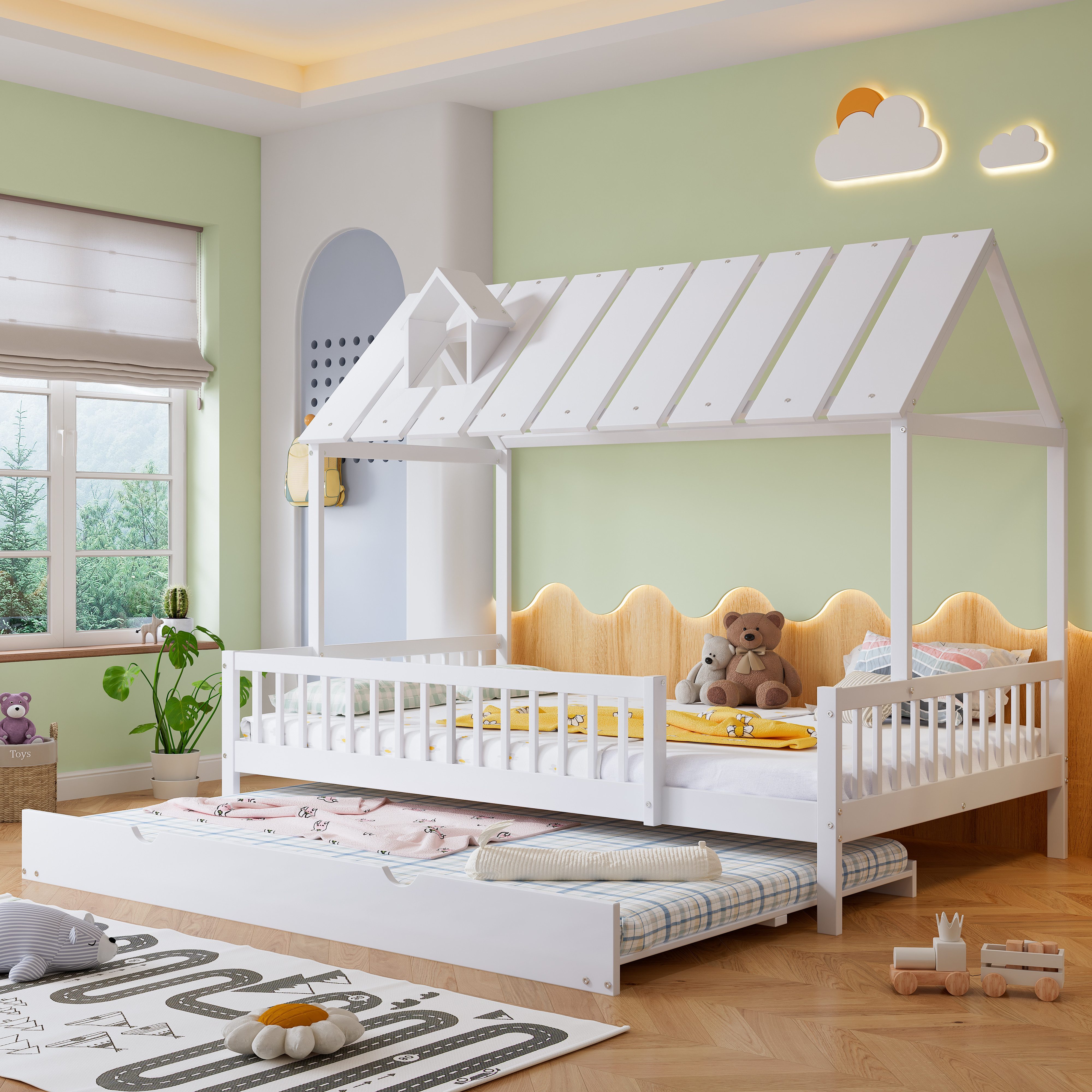 STILVORA Kinderbett mit Rollbett,120x200/190Jugendbett Holzbett mit Dach&3-seitigem Gitter (Jugendbett, mit 3-seitigem Gitter, mit Rollbett, Dach mit Kaminleiste 120x200/190cm), ohne Matratze