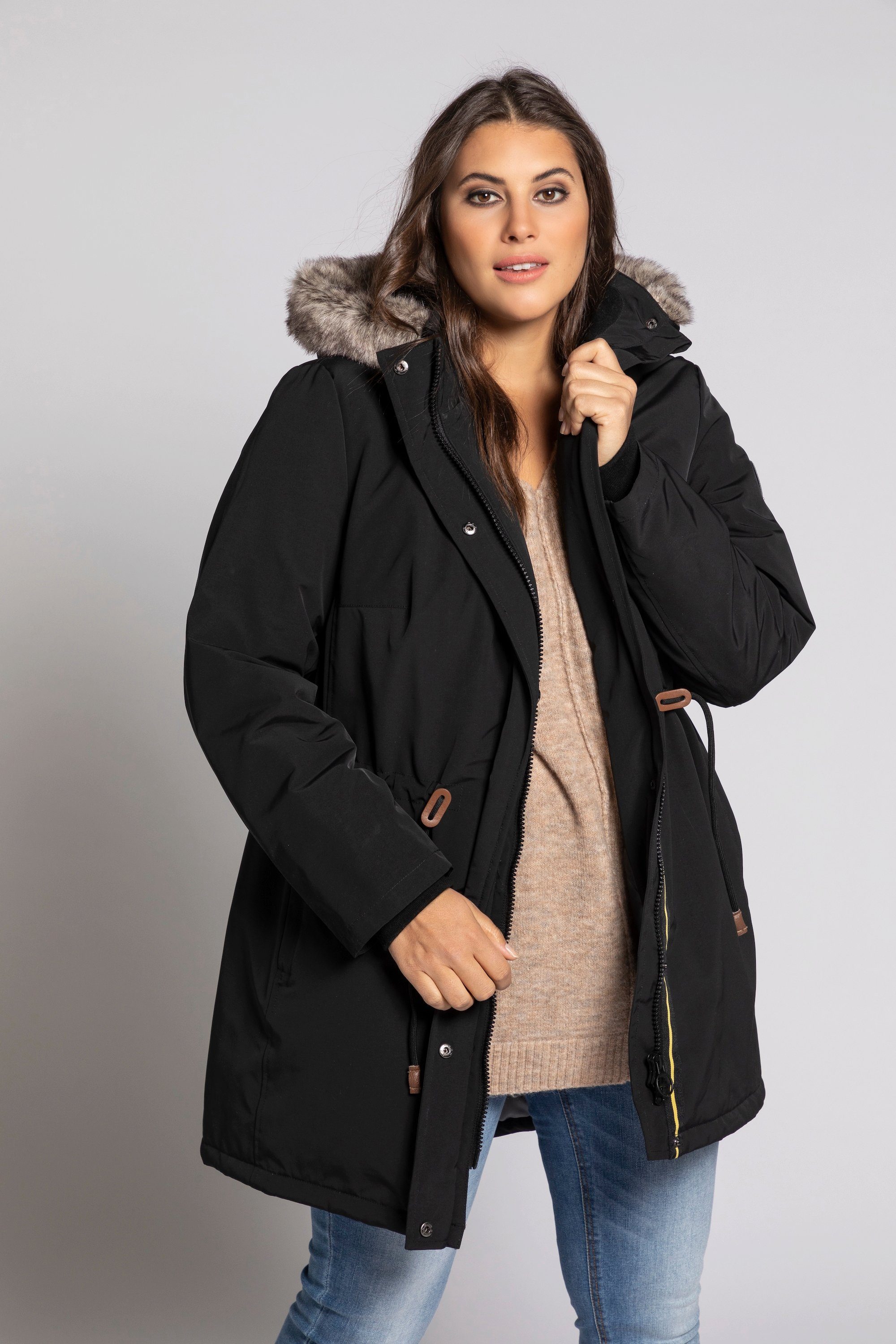 Ulla Popken Outdoorjacke Parka Lederoptik-Details wasserabweisend