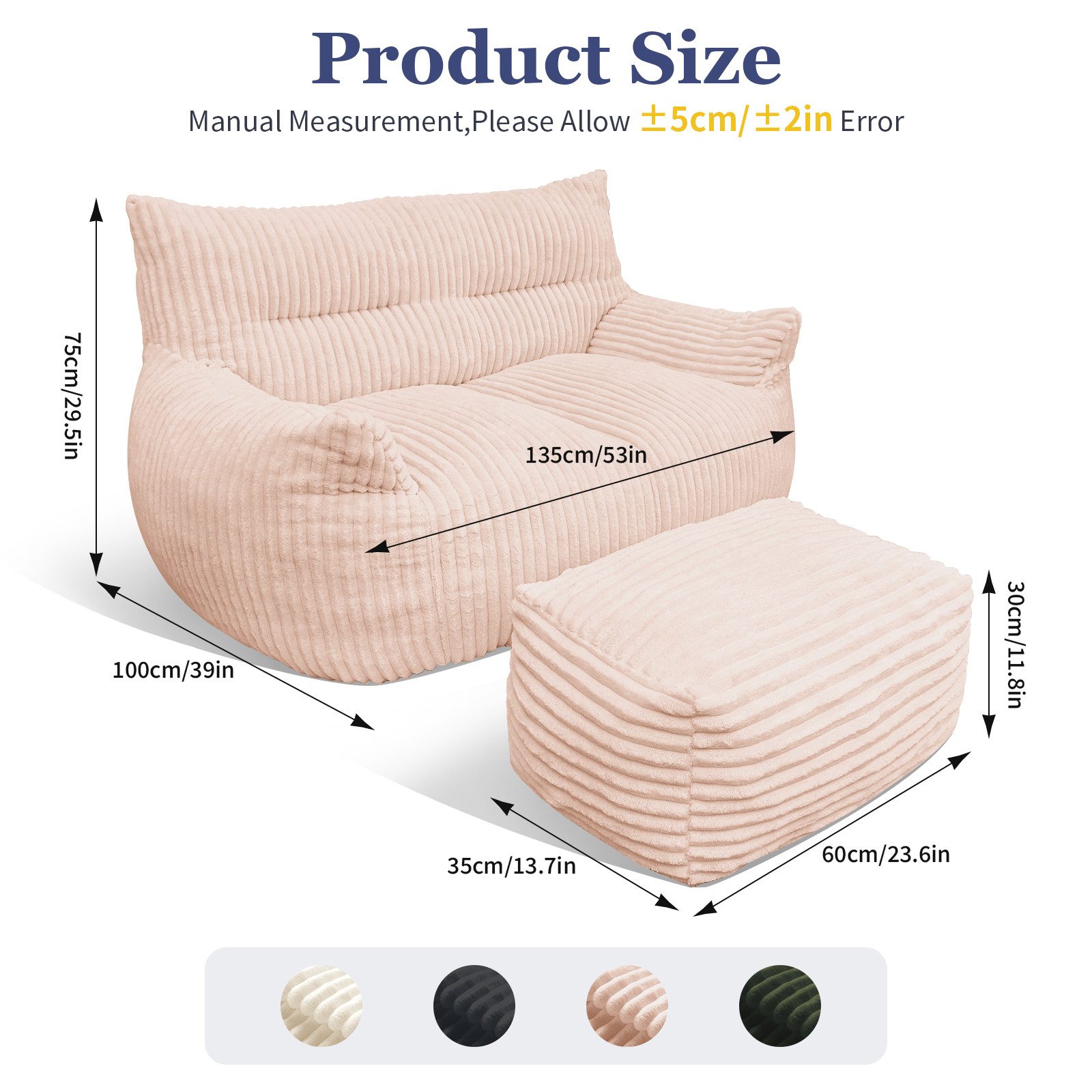 Odikalo 2-Sitzer Sofas wohnzimmer Loungesofa Relaxsessel Sitzsack mit Schlaffunktion, Doppel-Sitzsack mit Hocker–Große Sitzsack-Lounger für Erwachsene Jugendlic – Bild 3 von 5