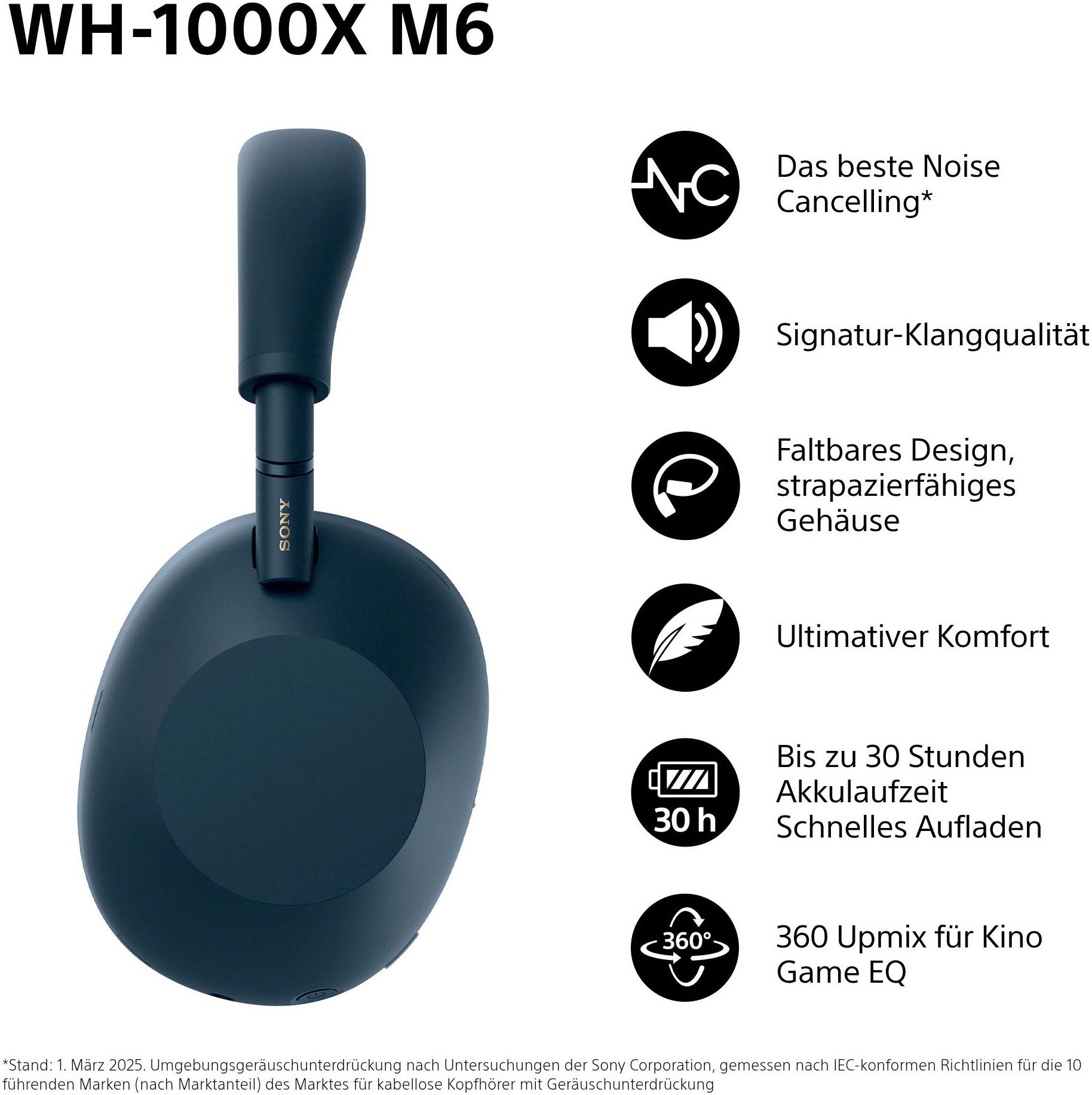 Sony WH-1000XM6 Premium Noise Cancelling Wireless Over-Ear-Kopfhörer (Freisprechfunktion, Multi-Point-Verbindung, Noise-Cancelling, Transparenzmodus, Wireless-Audio-Streaming, integrierte Steuerung für Anrufe und Musik, A2DP Bluetooth, Bluetooth, HFP, HSP, AVRCP Bluetooth, Kabellose Over Ear Kopfhörer mit Sony’s bestem Noise Cancelling)