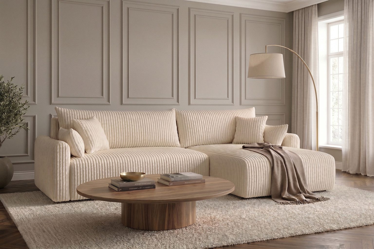 Kaiser Möbel Ecksofa mit Schlaffunktion für Wohnzimmer, Cordstoff Tilia, JAPANDI, Japandi-Stil, Abgerundete Form, Cordstoff mit hoher Abriebfestigkeit