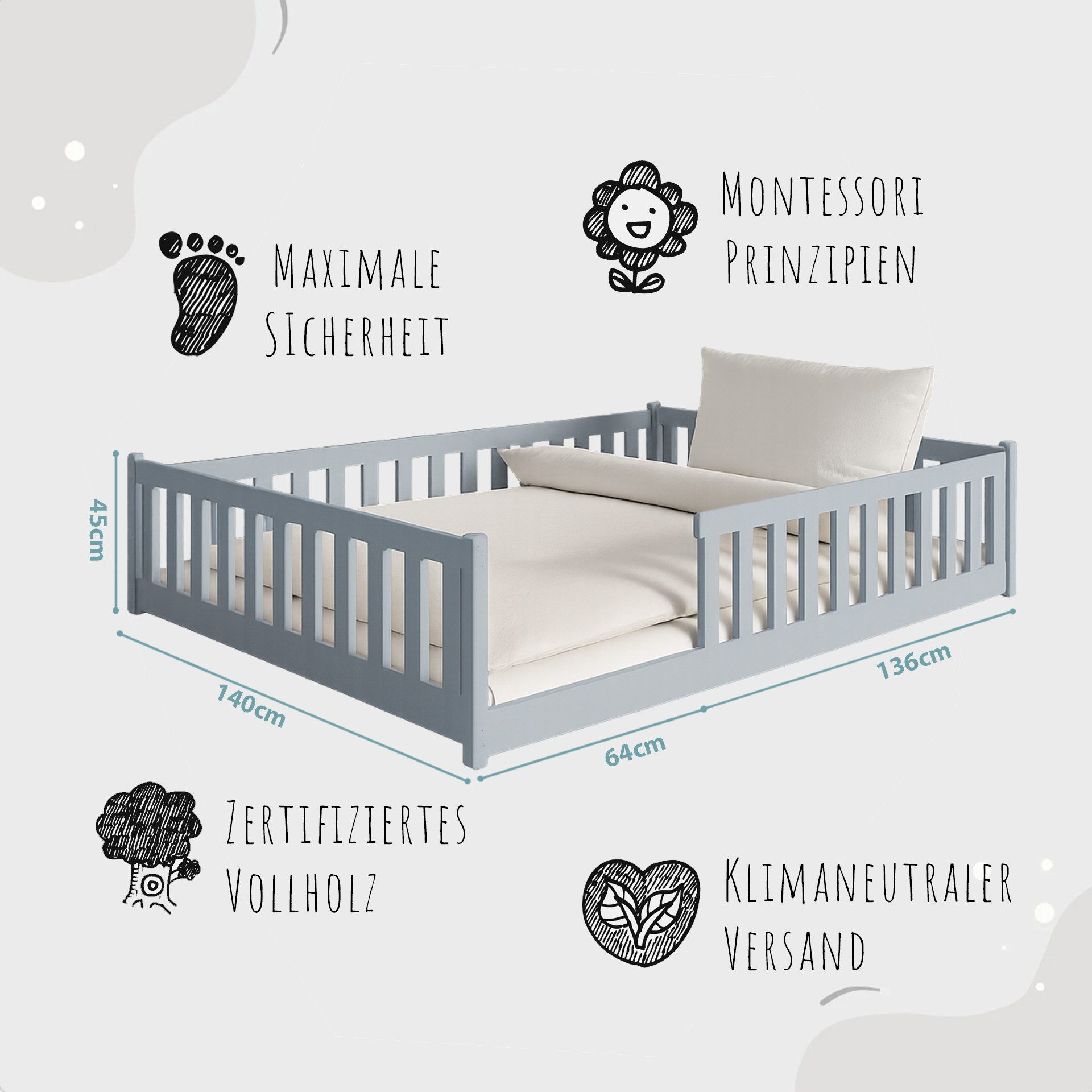 Kids Collective Kinderbett Bodenbett Bett mit Rausfallschutz & Lattenrost Montessori Bett Kinder (weitere Größen 80x160, 80x180, 90x190, 90x200, 120x200 cm), Ju – Bild 3 von 5