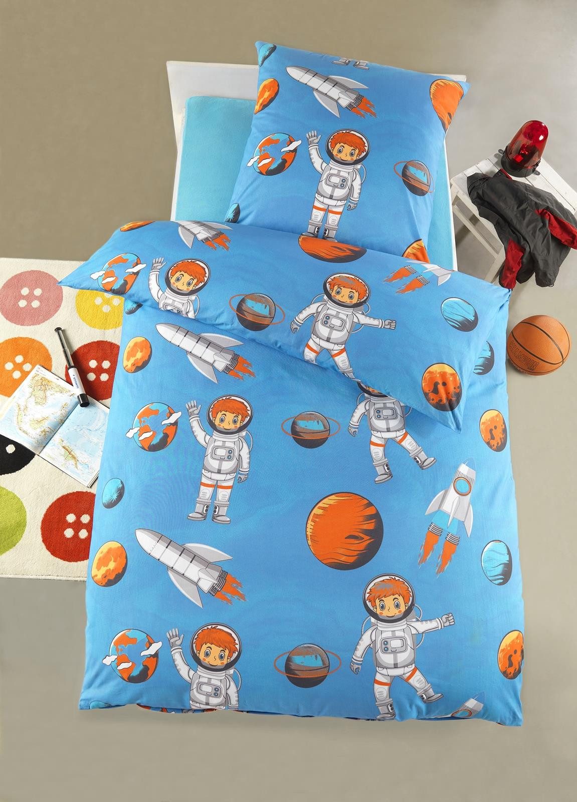 Kinderbettwäsche Bettwäsche für Kinder 135x200 für Jungen & Mädchen Kinder Bettbezug, Carpe Sonno, Mikrofaser, 2 teilig, Kinder-Bettwäsche 135x200 cm Astronaut Weltall