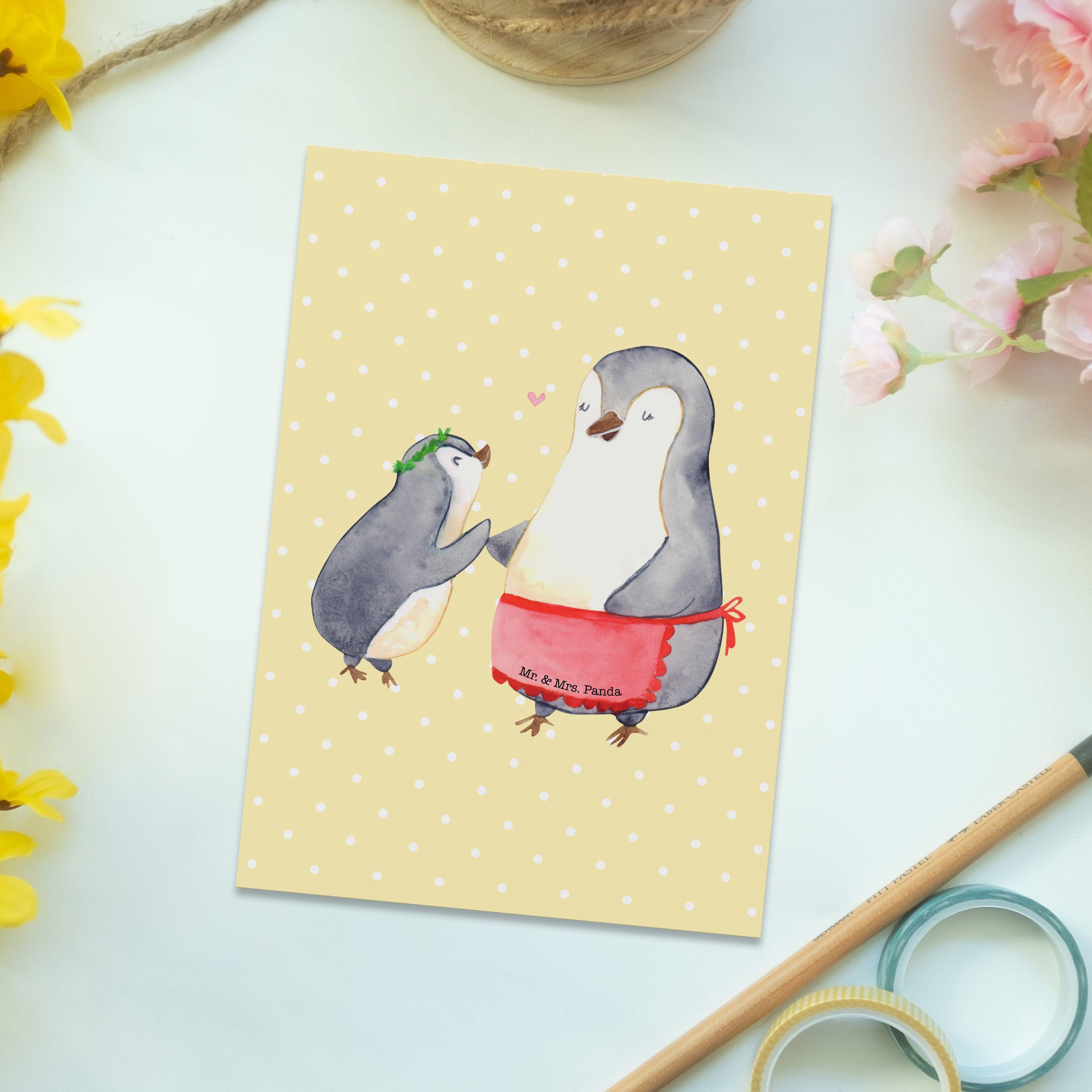Mami, Geschenk, Gelb Pastell & Postkarte Tochter, M - Mrs. Panda mit - Pinguin Familie, Mr. Kind
