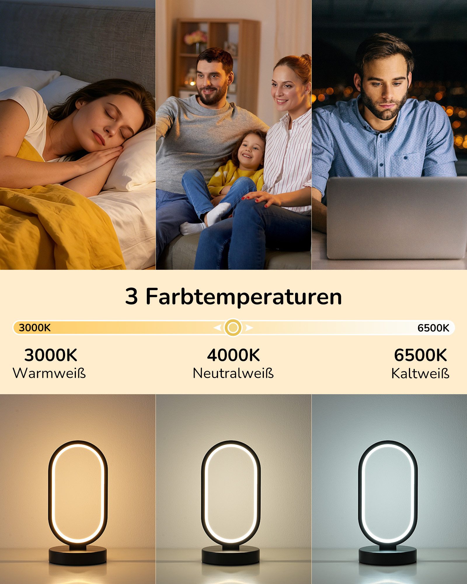 EDISHINE LED Nachttischlampe Schreibtischlampe touch dimmbar, LED fest integriert, 3000k-4000k-6500k, 3 Farbtemperaturen, stufenlose Dimmung