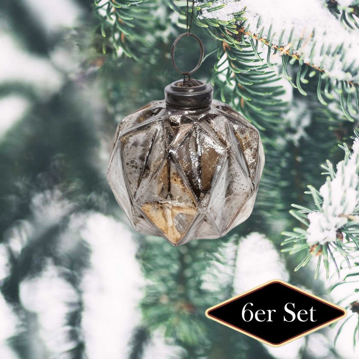 Antikas Weihnachtsfigur Weihnachtskugel aus Glas, facettiert silbern patiniert, 6er Set, Ø10