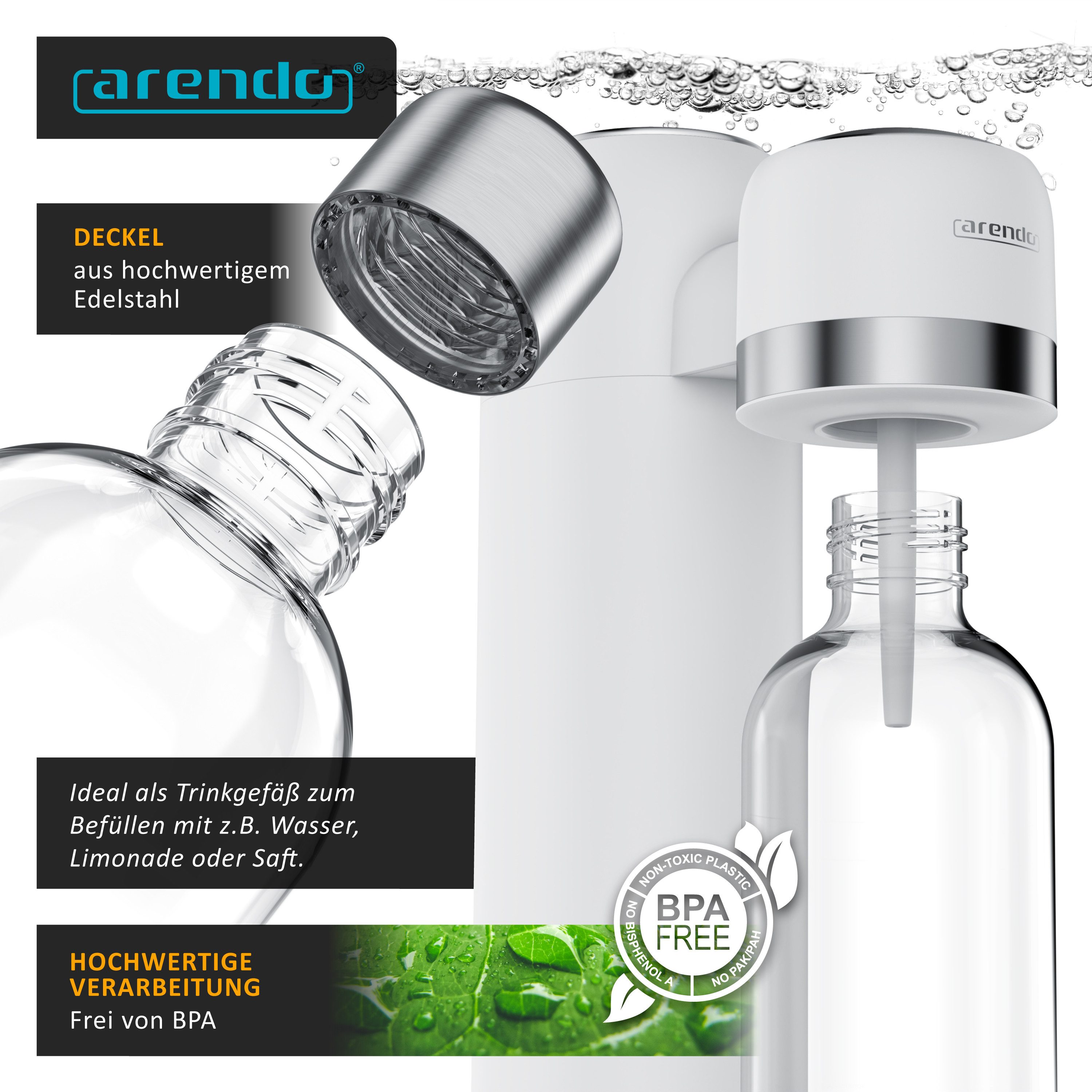Arendo Wassersprudler Flasche Ersatzflasche für Arendo Wassersprudler, 1 L, max. 900 ml zum Sprudeln, (3-tlg), Edelstahl + PET, Kunststoff Sprudel Flasche mit 1000 ml Füllmenge