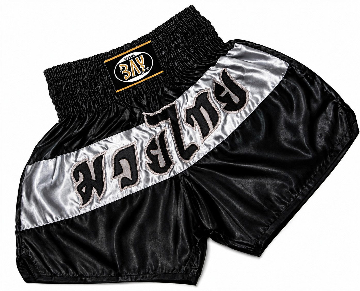 BAY-Sports Sporthose Thaiboxhose Thaiboxen Hose Shorts Muay Thai Kick (1-tlg) Kixkboxen, MMA, für Kinder und Erwachsene, Fashion schwarz grau